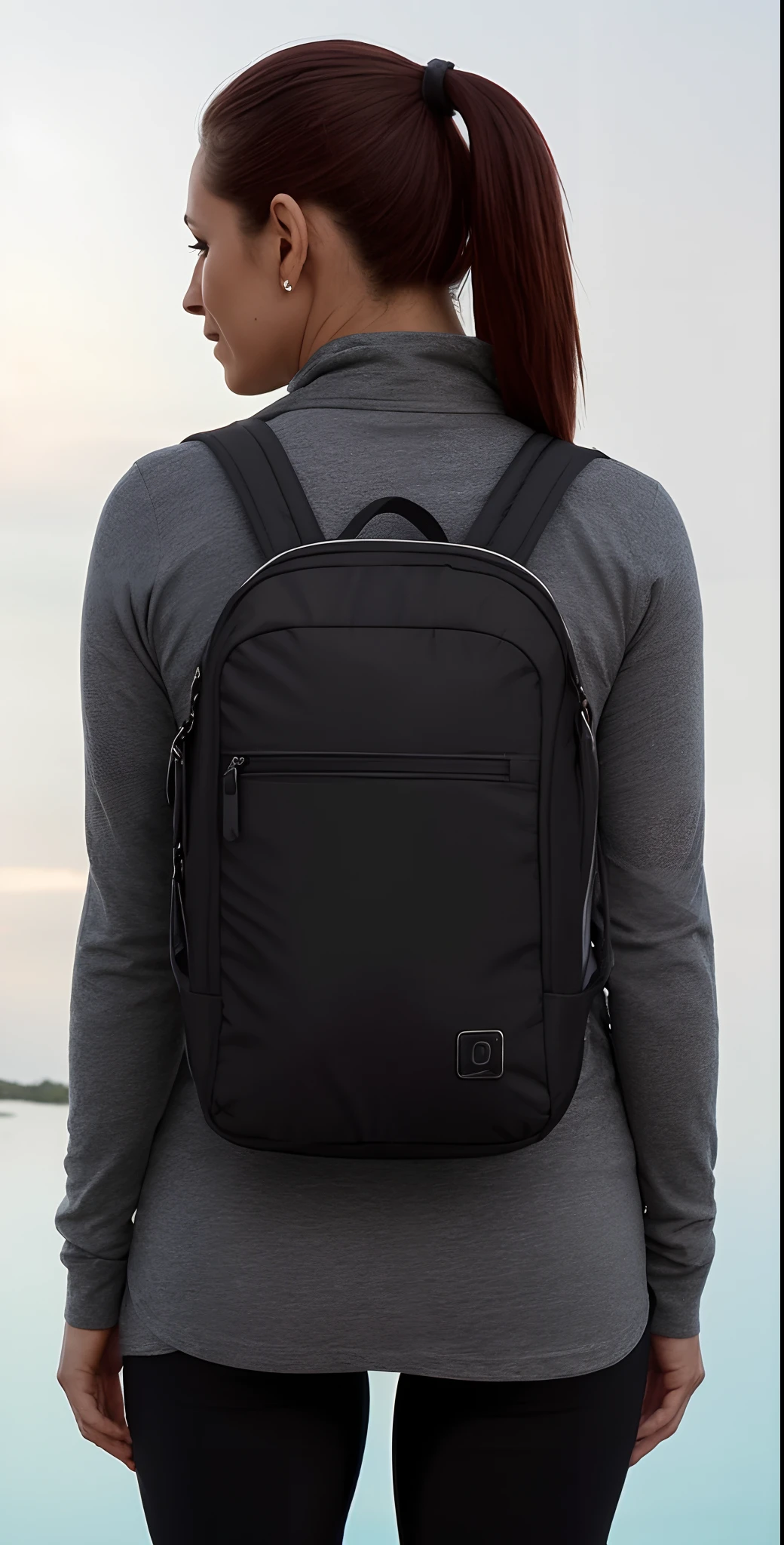 the back view of a beautiful woman and (((defined buttocks))) usando uma mochila preta, mochila, com uma mochila, uma mochila, uma mulher usando uma mochila, a mulher tem uma mochila, 3/4 vista Frontal, F / 2 0, com dois bolsos Frontais, ao nascer do sol, ao entardecer!, rear facing, F/9, ao entardecer, um preto, postapo, F / 3 2