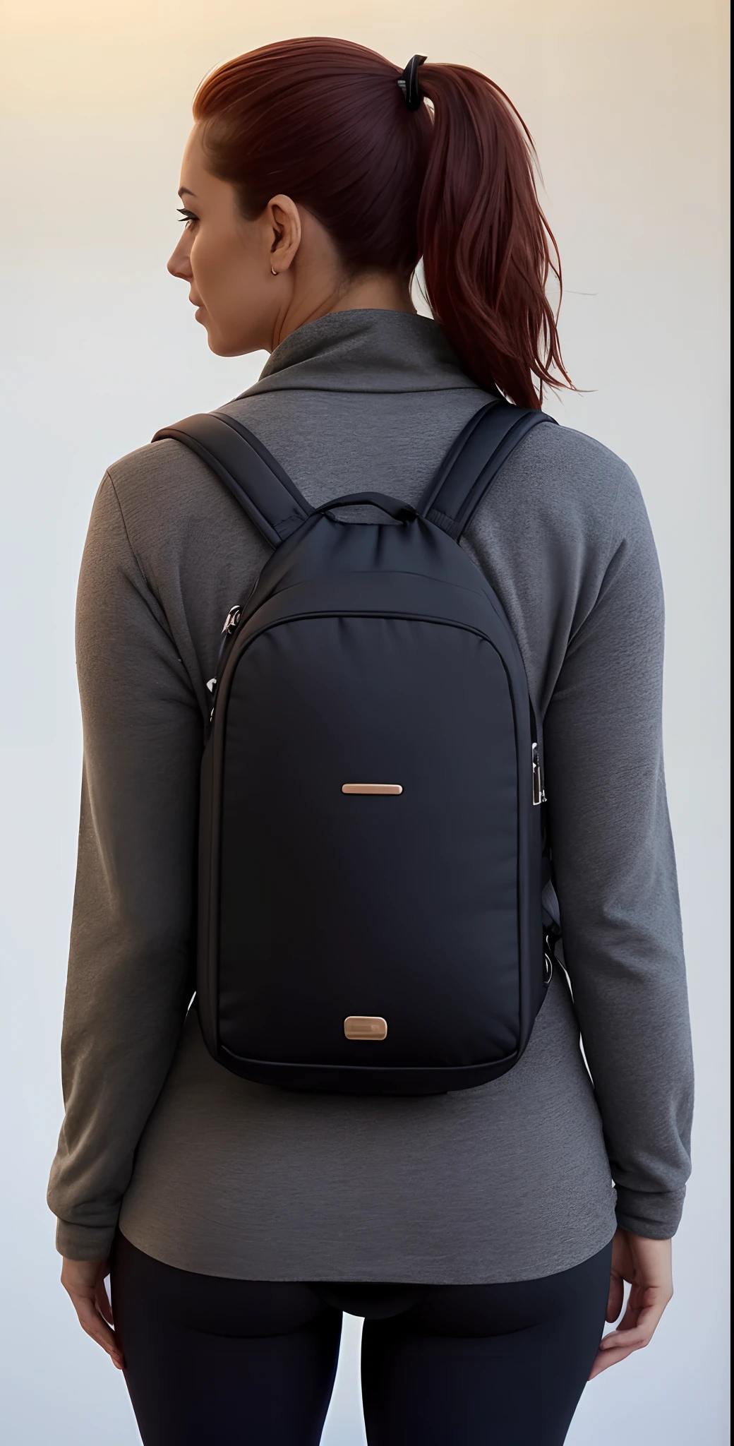 the back view of a beautiful woman and (((defined buttocks))) usando uma mochila preta, mochila, com uma mochila, uma mochila, uma mulher usando uma mochila, a mulher tem uma mochila, 3/4 vista Frontal, F / 2 0, com dois bolsos Frontais, ao nascer do sol, ao entardecer!, rear facing, F/9, ao entardecer, um preto, postapo, F / 3 2