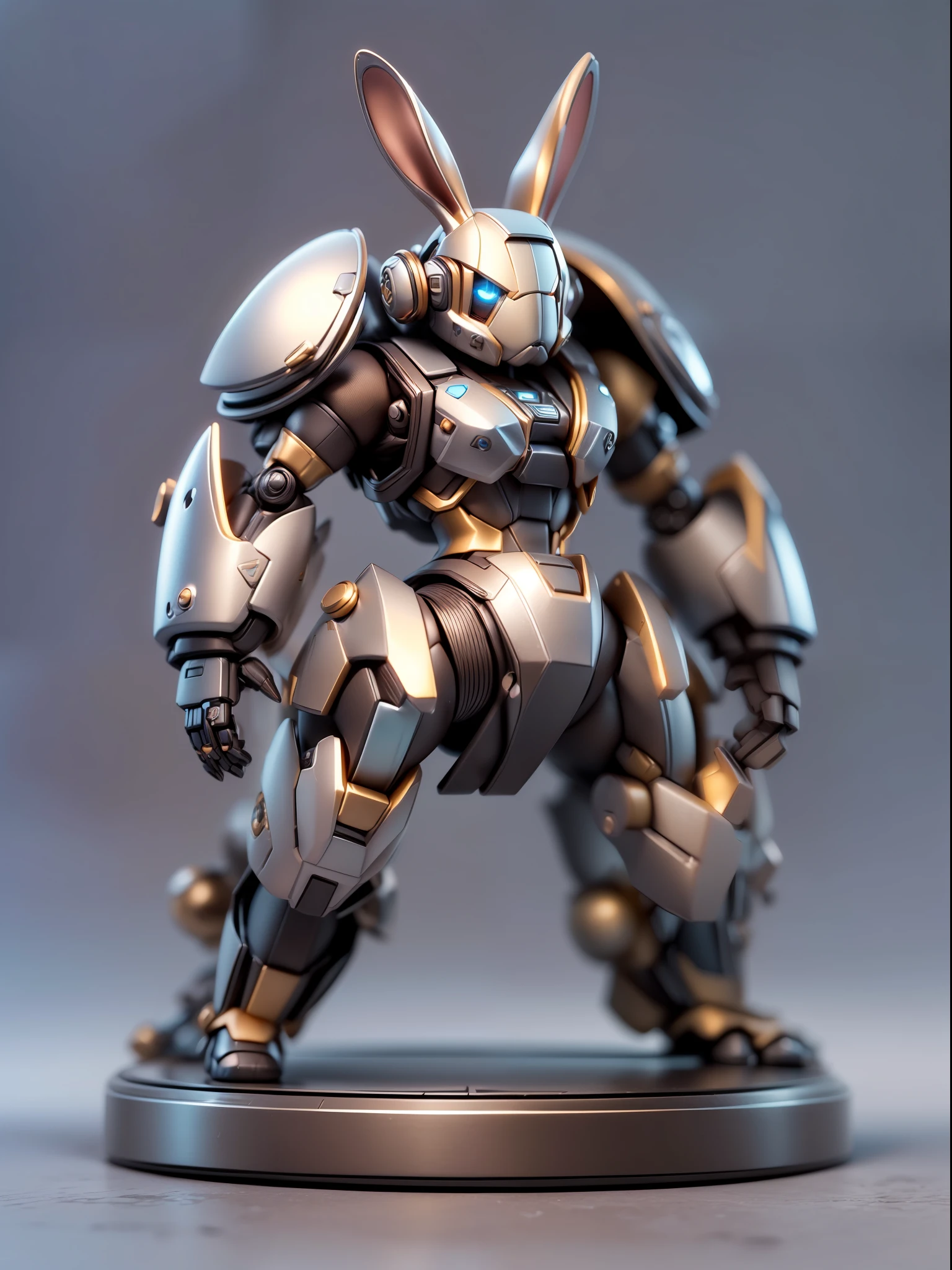 (Blind box toy style:1.3),((Full body shot))(anthropomorphism) , (1 strong rabbit mecha warrior)(((solo))) metal mecha,dreamy glow, Clean dark background,Brown black style,(circular base)( Global illumination, Ray tracing, hdr, unreal render,reasonable design, high detail, Masterpiece, Best quality, hyper HD, Cinematic lighting)