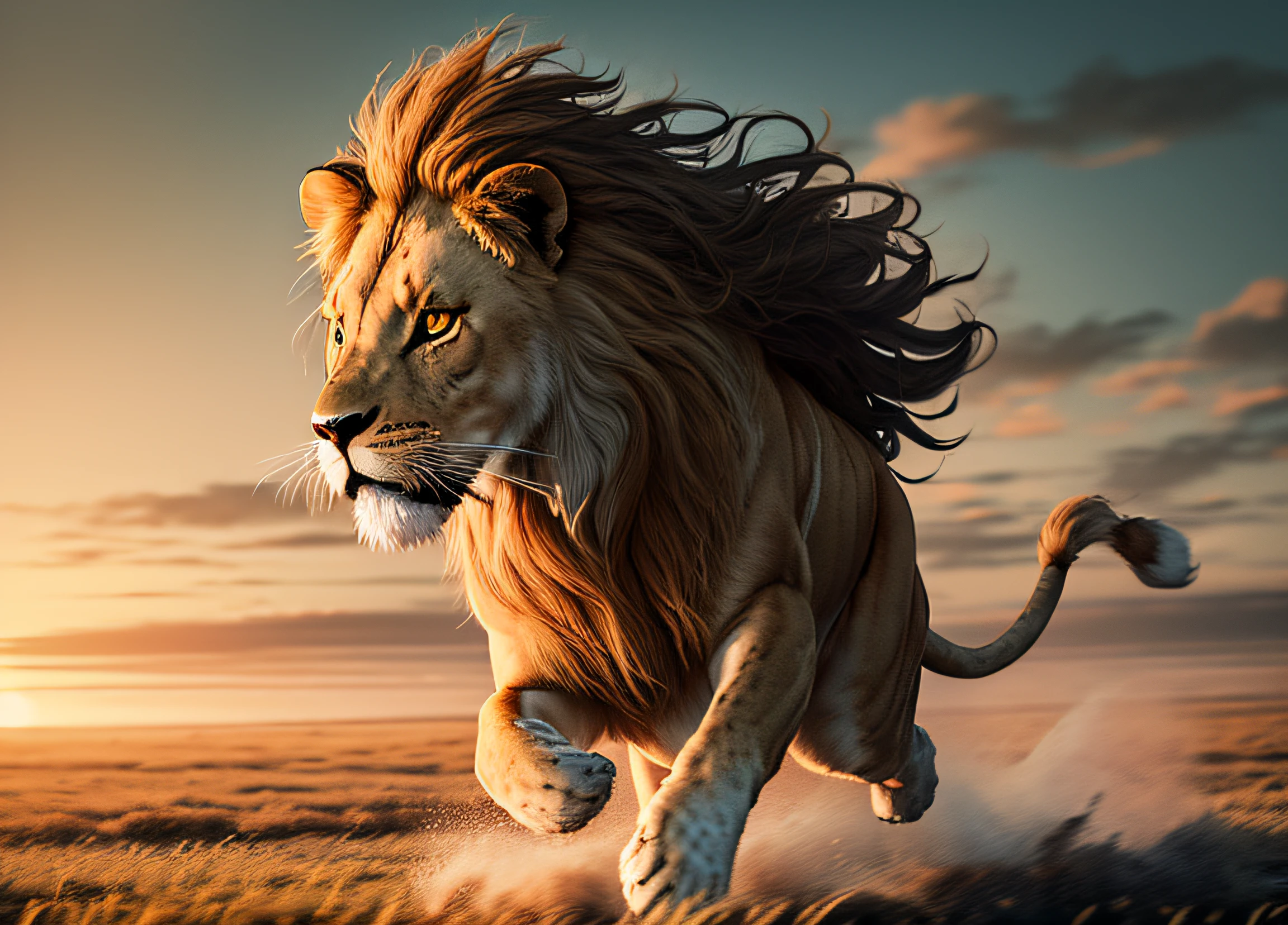 Lion, running, (escaping from enclosure), (wild and untamed), (mane flowing in the wind), (fierce expression). (Grassland setting), (sunset backdrop), (dust clouds trailing behind). (Strength and freedom), (adrenaline rush), (powerful stride).