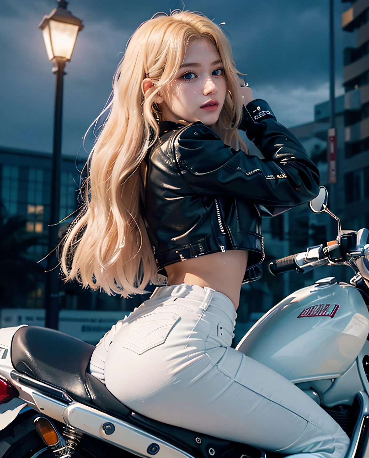 1girl, (Blue Eyes), sonrisa sexy, ((Sana Minatozaki)), wide hips, big breasts, big butt, (Best Quality, 8k, Masterpiece: 1.3)), Clear Focus: 1.2, Perfect Body Beauty: 1.4 , Slim abs: 1.2, wet body: 1.5, highly detailed face and skin texture, detailed eyes, double eyelids, long blonde hair, (white long-sleeved shirt with motorcycle jacket), (jeans pants), (riding a motorcycle :1.4), in a snowy city at night
