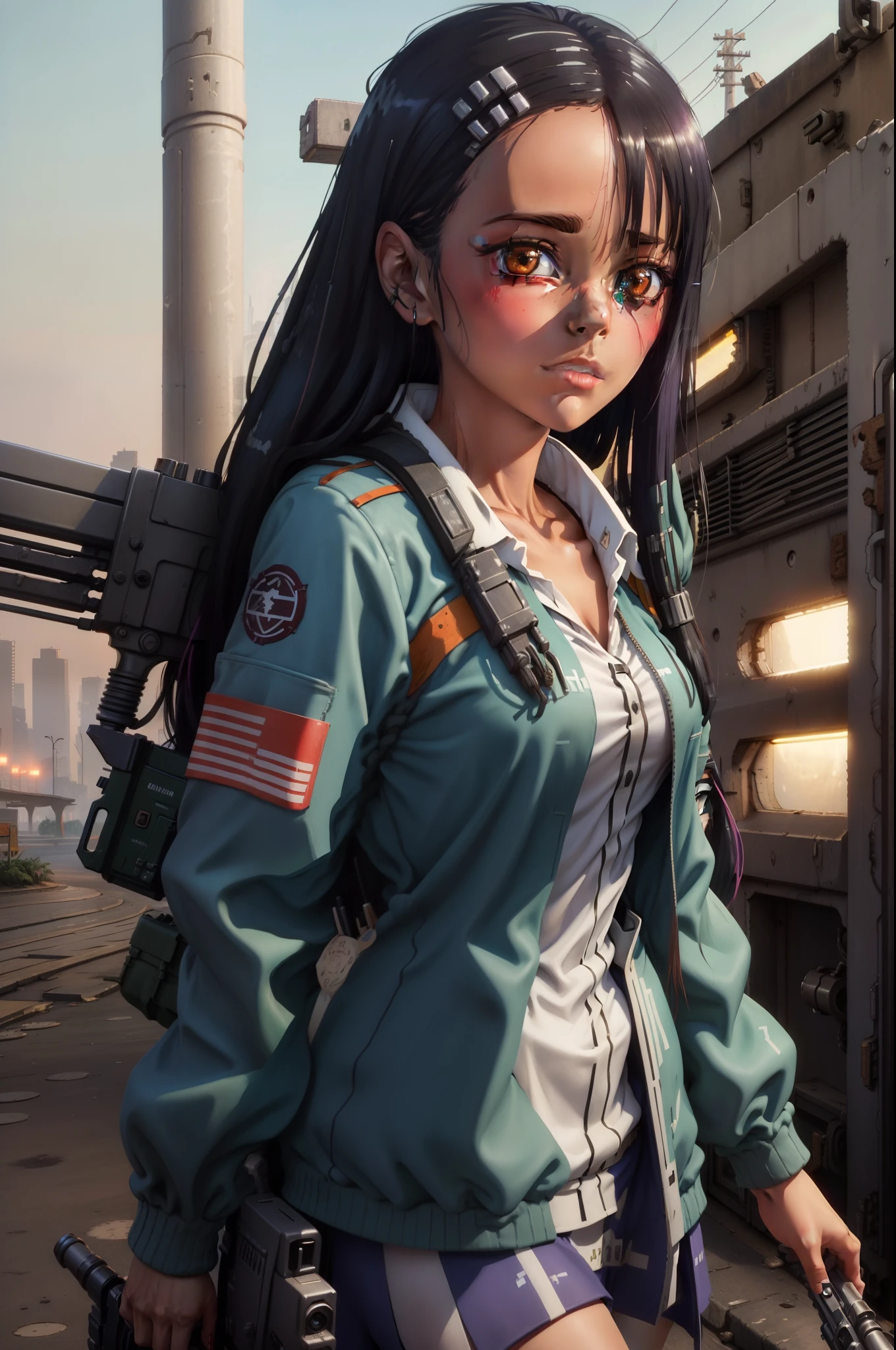 CIDADE CYBERPUNK, Nagatoro segurando um rifle M16, luzes azuis noturnas