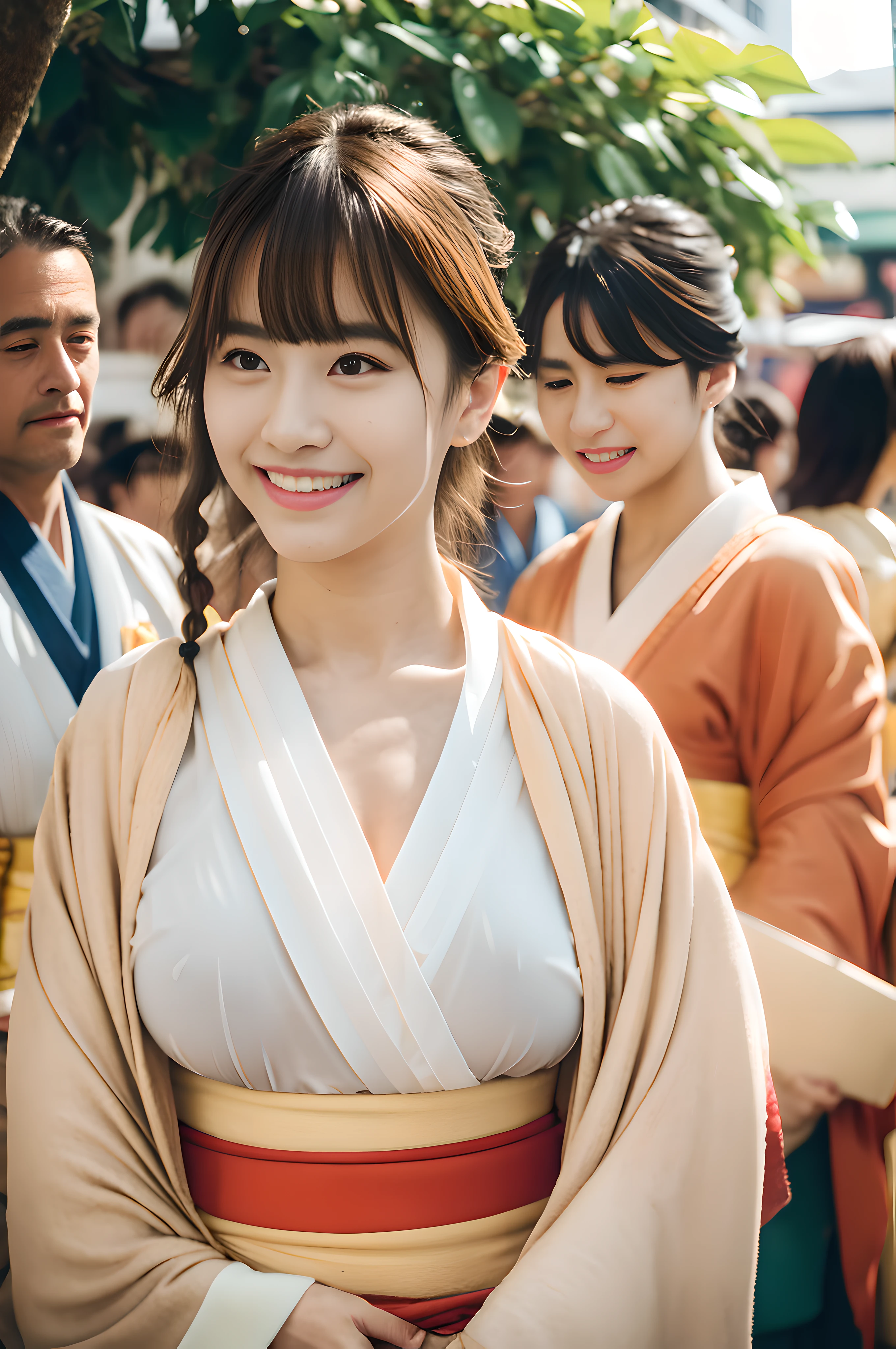 realistic, photorealistic, detailed, beautiful, RAW photo, film grain, (natural lighting, perfect lighting:1.5), wrinkled skin, stage,
myjc, japanese, 1girl, (diagonal bangs, french braid), dutch angle, brown eyes, smile, wind, (nipple slip:1.1020), (kimono pull:1.6), (crowded people:1.2)