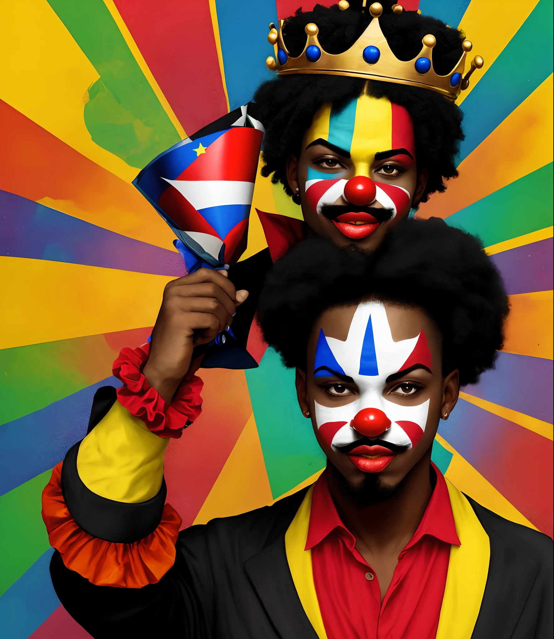 black clown with black power and a crown on his head