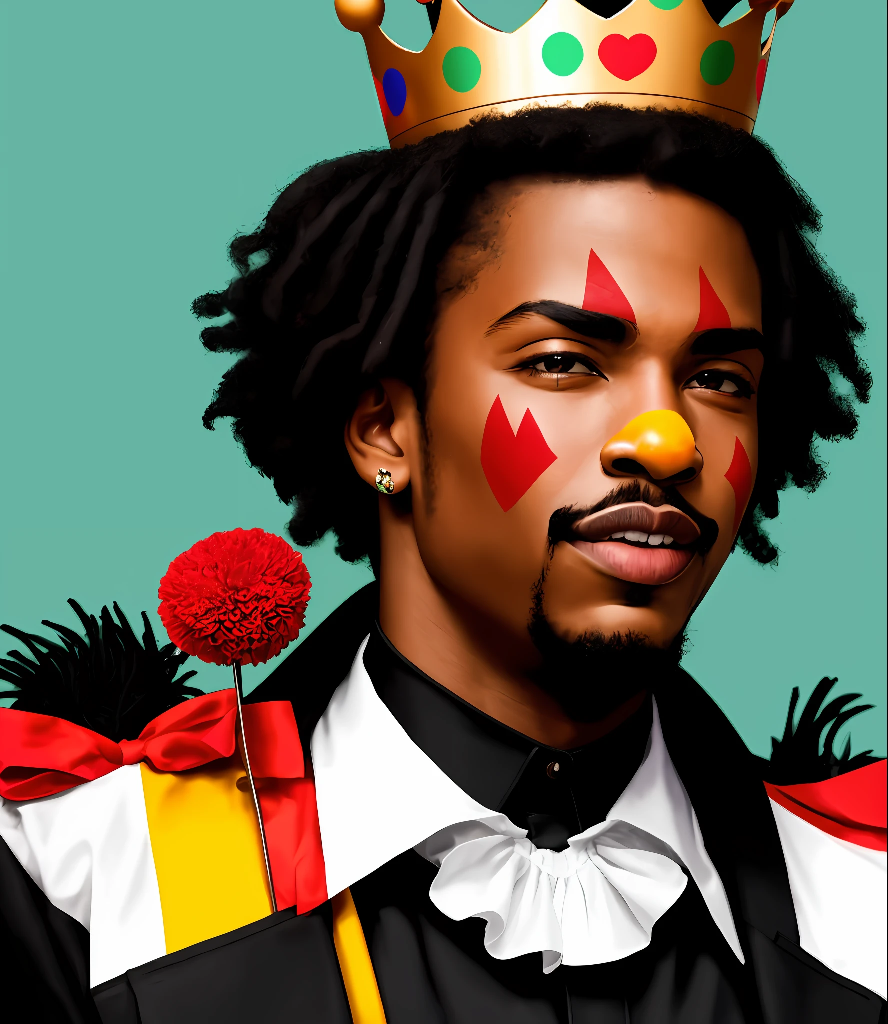 black clown with black power and a crown on his head