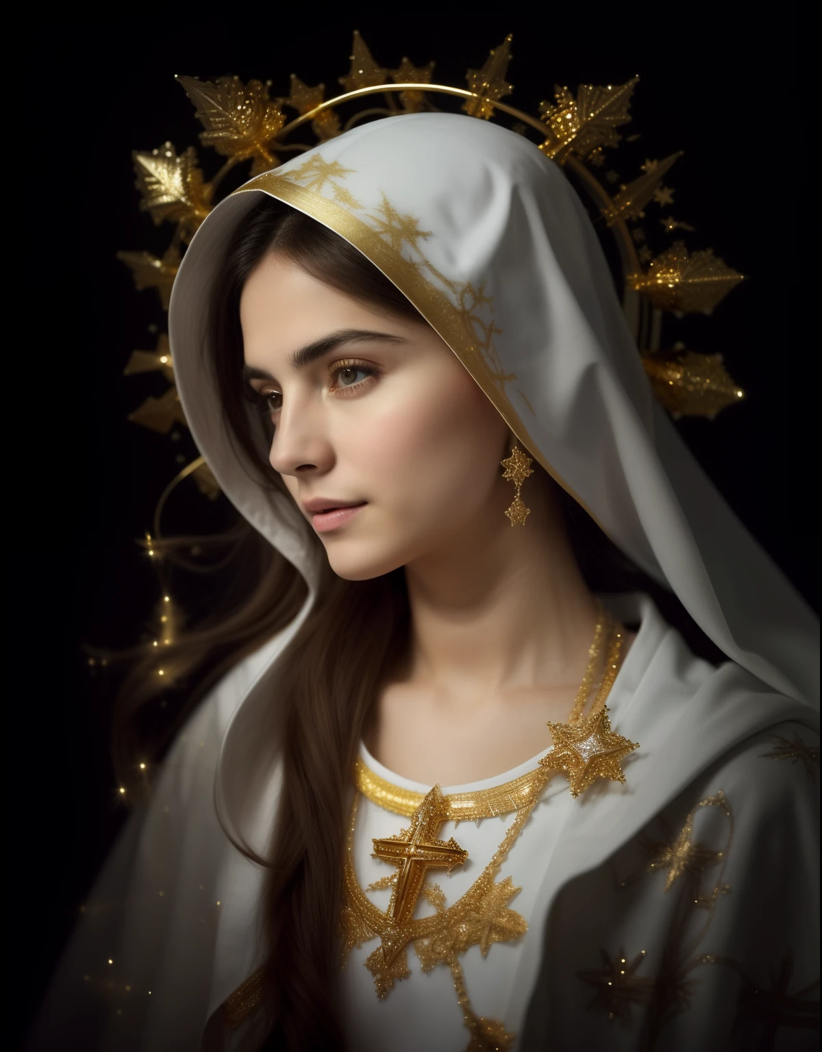 (((Saint Virgin Mary. 19 years old))) ((( Con una cara seria y piadosa. Con una mirada dulce y tierna))) (obra maestra, calidad superior, mejor calidad, arte oficial, beautiful and aesthetic: 1.2), (1girl), extremadamente detallado, (Arte fractal: 1.3), colorido, highest detailed, Cara perfecta, parte superior del cuerpo, HDR, (orando: 1.3), (golden lines of white coat: 1.2), galaxia, (rayas de luz), eye-catching visuals, (dynamic stripes, senderos luminosos: 1.2), colores vibrantes,