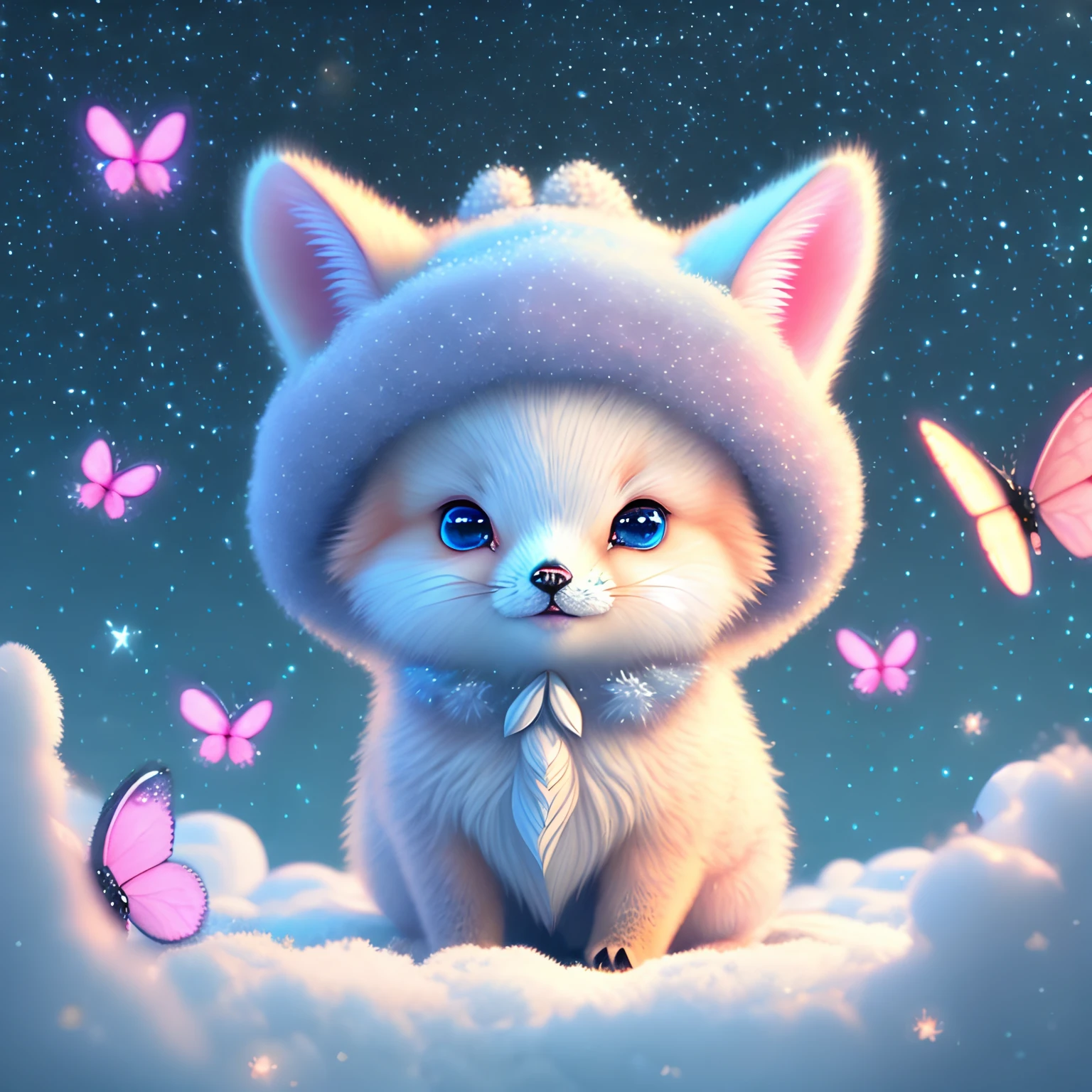 In this ultra-detailed CG art,Cute little fox surrounded by butterflies,Soft neon color,best qualtiy,A high resolution,Complicated details,fanciful,cute animal