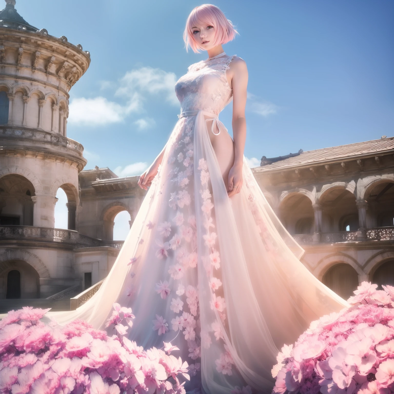 Best quality,masterpiece,ultra high res,(photorealistic:1.4),1girl Short hairstyle, pink hair, queen braid hair, beautiful face, fair skin, detailed blue eyes, detailed pupils, nice smile, long dress, white dress, accessories in hair, standing, cinematography vibes, full body,ultra wide