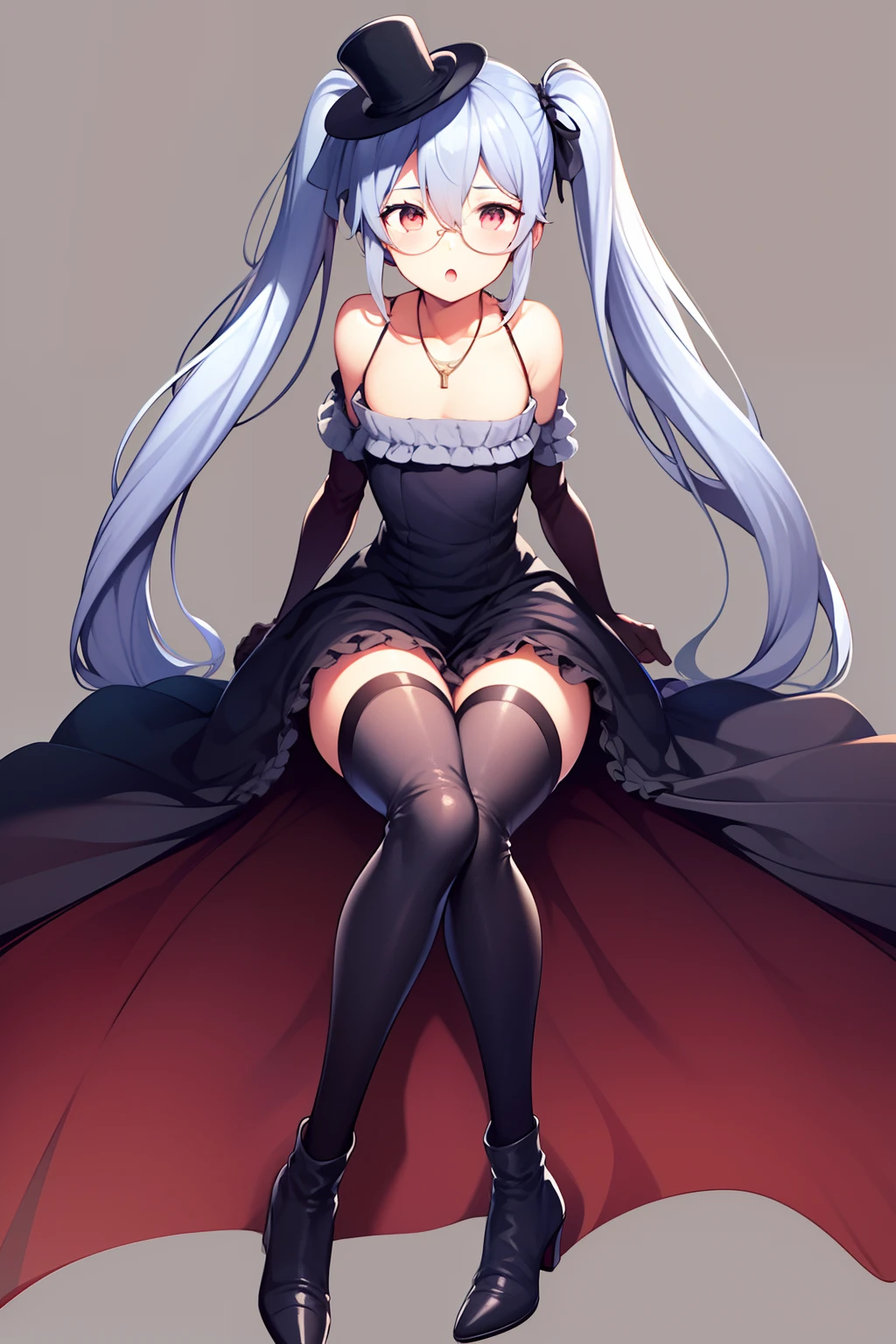 1girl, :o, bad_id, bad_pixiv_id, bare_shoulders, black_footwear, blush, boots, cat, cross-laced_footwear, detached_sleeves, dress, full_body, granblue_fantasy, hat, jewelry, knee_boots, lace-up_boots, long_hair, mini_hat, mini_top_hat, necklace, open_mouth, orchis, p19, red_eyes, shingeki_no_bahamut, silver_hair, simple_background, sitting, solo, top_hat, very_long_hair