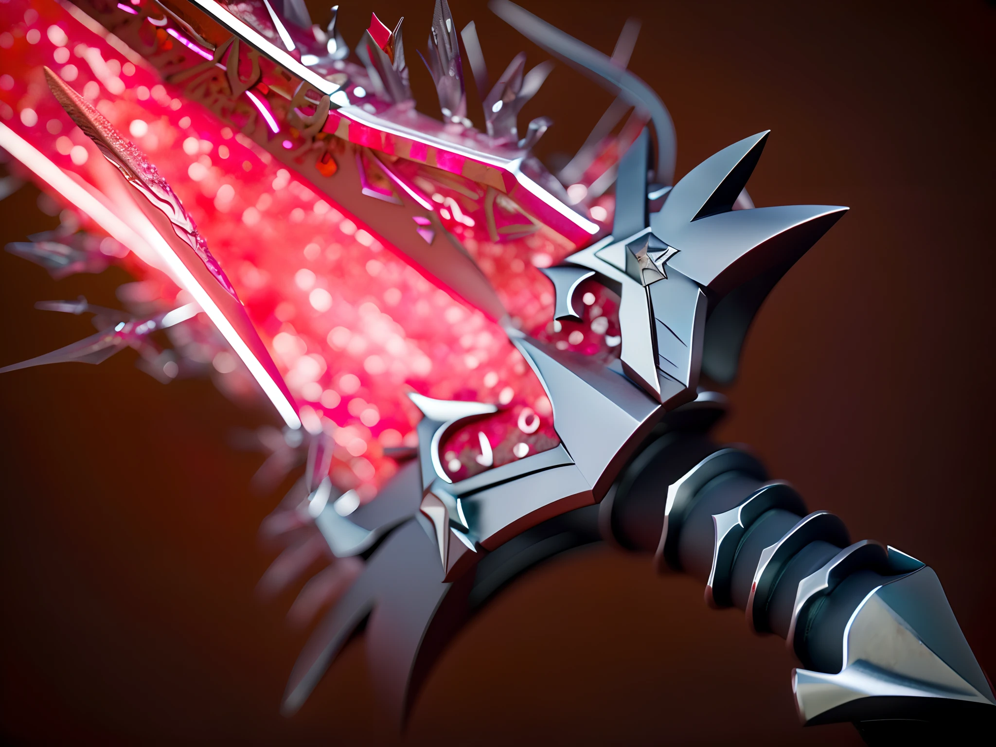 Masterpiece, Best quality, 8K, Photorealsitic, jagged sword, Red crystal, Red crystal, Red crystal, The hilt is made of silver-gray metal, Metal sword hilt, Sharp blade, The blade smells of blood，No focus artifacts，Pubic area is clear，Ultra-clear details，