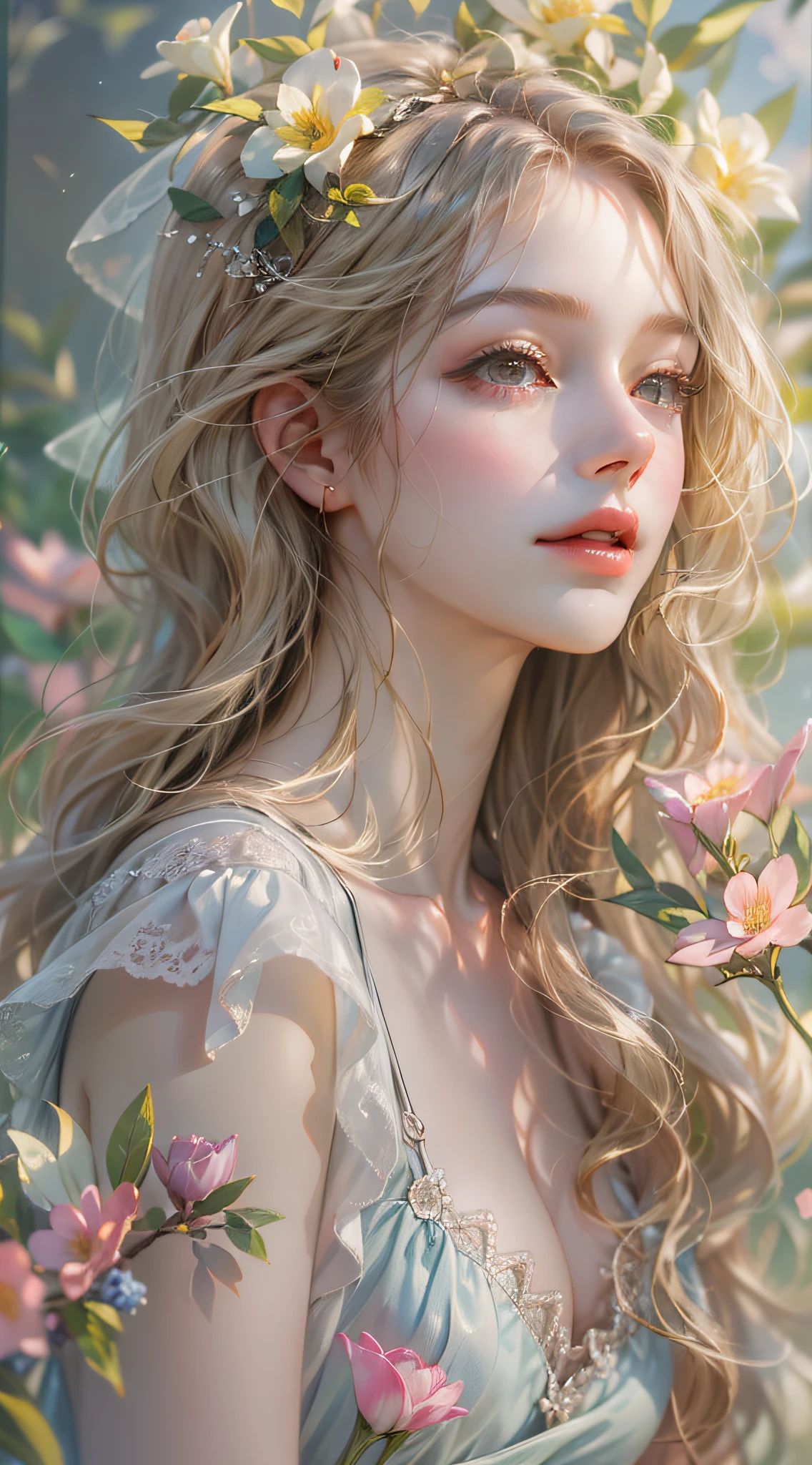 （absurderes，k hd，ultra - detailed），Mature fairy，The upper part of the body，Flowers in hand，Hazy flower background，（Hazy：1.3，softlighting：1.4，cinematric light：1.4）