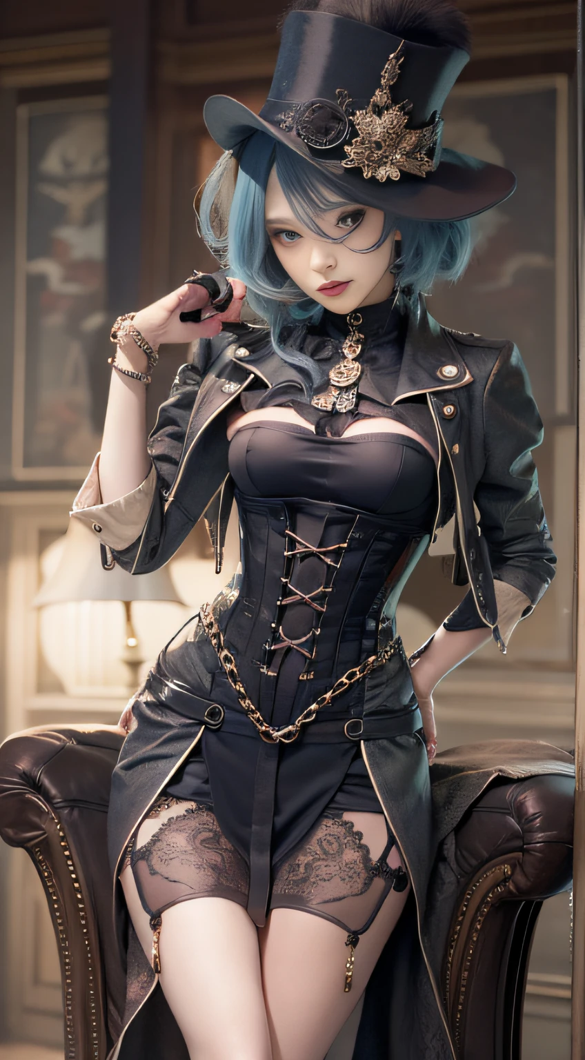 NSFW, masutepiece, 4K, Award-winning, Very classy, Extremely beautiful, Extremely beautiful woman, Very narrow eyes and face, wearing corset, black garter belt and stockings, (((Very small breasts: 1. 2))), Woman sitting on sofa with chain around waist, 2b, 2 b, Beautiful steampunk anime woman,. G-Wise at Pixiv Art Station, Gwise on Art Station Pixiv, guweiz, By Jan J, Artwork in the style of Gwise, Gwise's masterpiece, rococo cyberpunk , very tight corset, very sexy costume, Very delicate face and skin texture, Delicate eyeliner double eyelids, long eyelashes, Nice double eyelids, Very fine eyeshadow, Narrow eyes, three white, Dark Eye Makeup, evil smile, Pretty, nice legs, Tie short hair back, very sexy costume, Sticky tongue, Vaginal promiscuity, Vaginal discharge, Squirting, Photo 4 Kodak Portra 400 camera and f1.6 6-color lens, ultra realistic textures, Dramatic LightingUnreal Engine Art Station CineStar 800 Trendy Tungsten Light, heels, Stockings