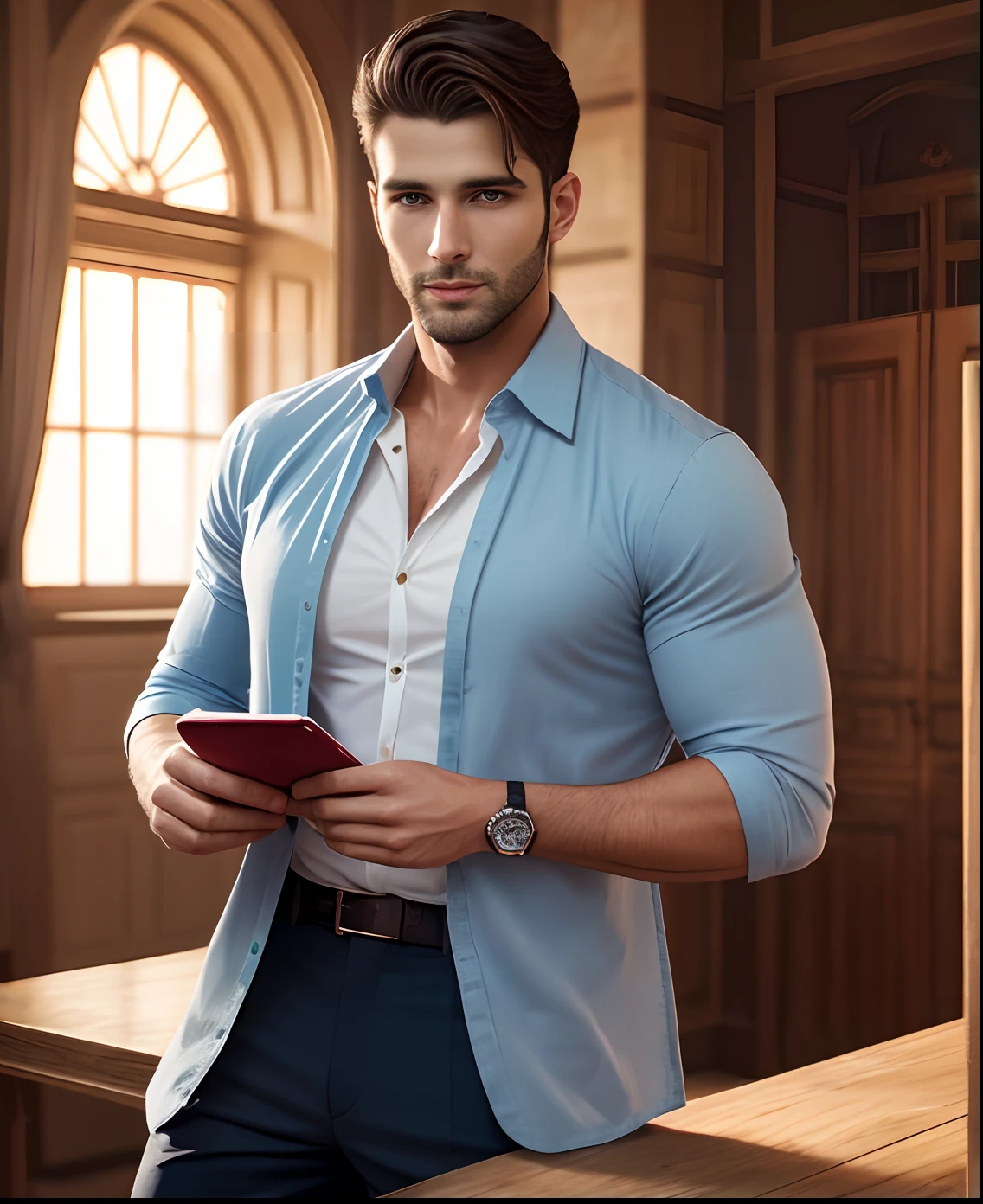 Beautiful realistic photo, photografic, Male 30 years old, full-shot, Beautiful male model in the frame, foto realista, Tall man, Portrait of a Man, Short Hair Hair, Dressed in a shirt and trousers, foto realista, (Correct anatomy of the hands), Handsome man with short hair, beatiful face, With clean skin, detailing, Correct anatomy of the hands; beatiful face, Clean skin, tanning on the skin, In the background you can see the room, romance novel cover, romance book cover, Fantasy genre portrait