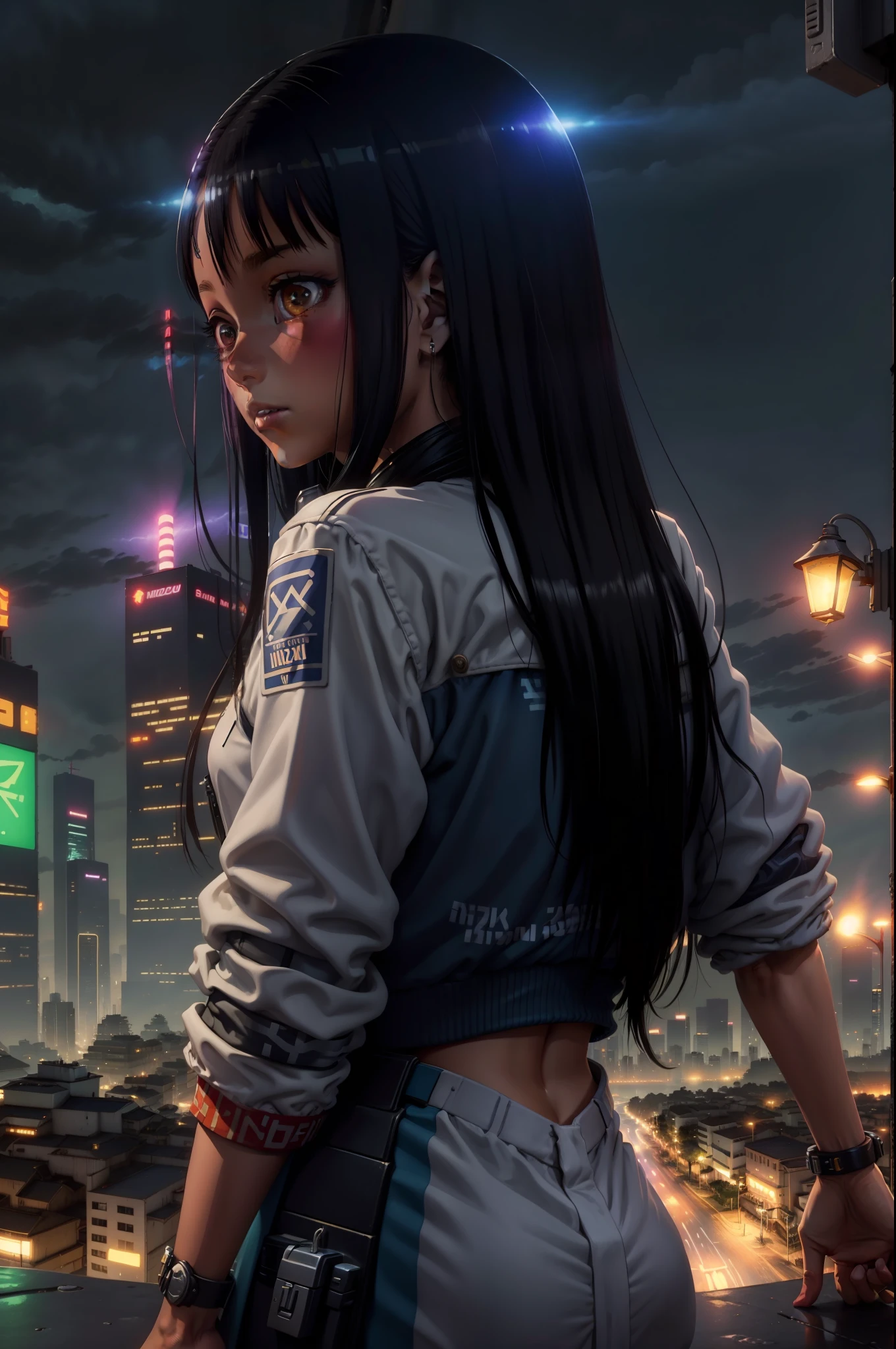 CIDADE CYBERPUNK, Nagatoro, luzes azuis noturnas, noite