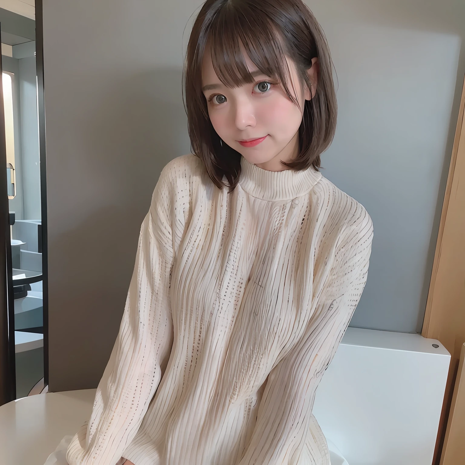 full bodyesbian、white  hair、(Dragoon: 1.2)、Brantovan、​masterpiece、top-quality、Official Art、Highly elaborate CG Unity 8K wallpapers、For girls、超A high resolution、(Photorealsitic:1.4)、Golden Hour Lighting、sweater dress、(The upper part of the body)、(Platinum Shorthair:0.8)、(Puffy eyes)、Look at viewers、front facing、a smile、mideum breasts、shirts lift、gloves、short-hair、Black eyes