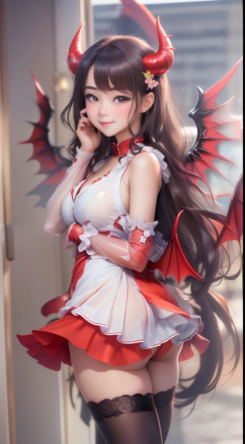 ((top-quality, 8K, ​masterpiece:1.4)), (Photorealsitic, Raw photography, Top image quality:1.5), beautiful  lighting, Movies in which girls shine, realistic shadow, huge filesize, Vibrant colors, Brilliant image quality, colourfull, Fantasia [hight resolution], (17-year-old beautiful girl:1.6), (Lori:1.2), (Junior Idol), Well-formed fingers, ((Cute pose with arms crossed behind back:1.5)), ((Glittering Perfect Beautiful Girl:1.3)), a handsome, a cool, (innocent smiles:1.2), ((Super Cute Super Beautiful Girl)), (Crisp and gentle eyes), dual, (with blush cheeks:1.4), ((morning、Beautiful girl with demon wings and tail in transparent sexy red devil costume:1.3)), Cute hair in short cuts, ((Show me your cute ass:1.2)), Perfect and beautiful body, Lovely room, Innocent Girl, Japan beautiful girl, Shines