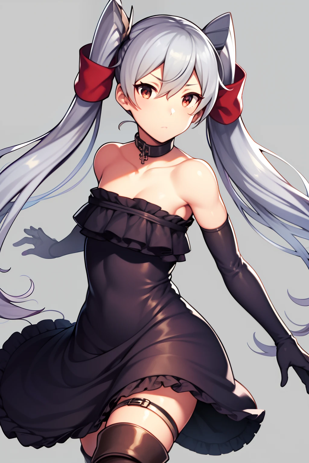1girl, amatsukaze_(kancolle), arms_at_sides, bare_shoulders, black_dress, black_footwear, boots, brown_eyes, collarbone, commentary_request, cosplay, cross-laced_footwear, dress, elbow_gloves, full_body, gloves, gothic_lolita, granblue_fantasy, grey_hair, highres, kantai_collection, knee_boots, lace-up_boots, lolita_fashion, long_hair, looking_at_viewer, off-shoulder_dress, off_shoulder, orchis, orchis_(cosplay), serious, short_dress, solo, standing, unajuu_(set_mk)