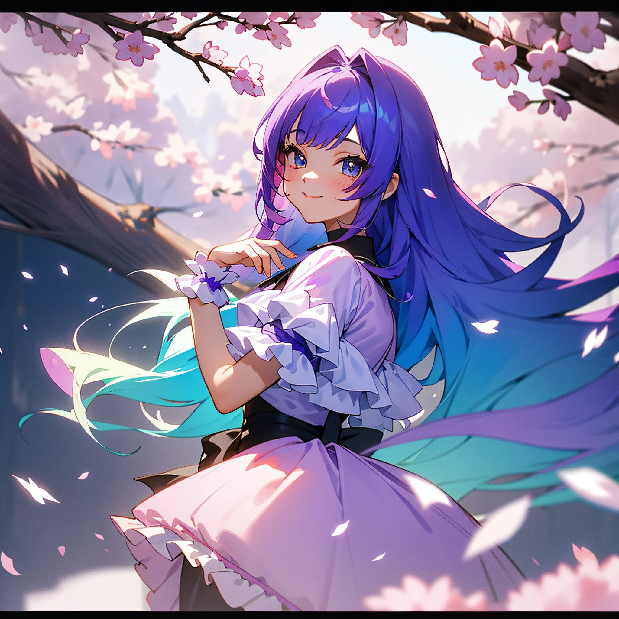 1 girl, solo, (violet hair), (gradient hair), (blue tints on hair), (long hair), cherry blossoms, trees, smiling, closed mouth, (small girl), glitter, sparkly, adorable, fluffy dress, (frills), sleeves, beautiful eyes, (pastel colors:), soft background, (silhouette)