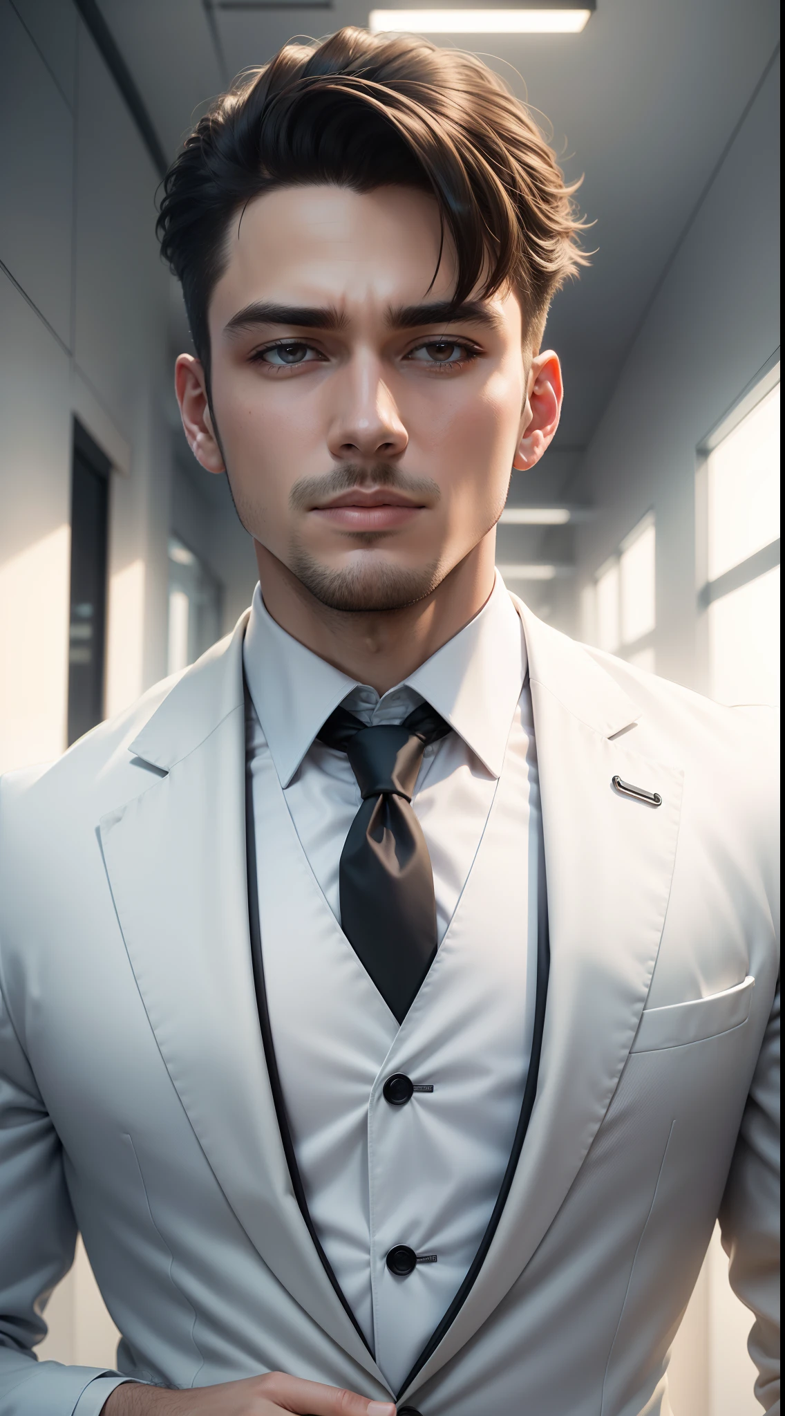 a young Business Man wearing modern white suit , change background to office , 8k quality, ultra realistic, clear picture, real human face