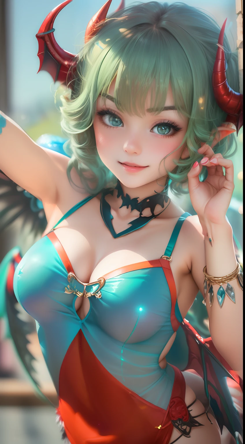 ((top-quality, 8K, ​masterpiece:1.4)), (Photorealsitic, Raw photography, Top image quality:1.5), beautiful  lighting, Movies in which girls shine, realistic shadow, huge filesize, Vibrant colors, Brilliant image quality, colourfull, Fantasia [hight resolution], (17-year-old beautiful girl:1.6), (Lori:1.2), (Junior Idol), Well-formed fingers, ((Cute pose with arms crossed behind back:1.5)), ((Glittering Perfect Beautiful Girl:1.3)), a handsome, a cool, (innocent smiles:1.2), ((Super Cute Super Beautiful Girl)), (Crisp and gentle eyes), dual, (with blush cheeks:1.4), ((morning、Beautiful girl with demon wings and tail in transparent sexy red devil costume:1.4)), (Cute blue-green hair in short cut:1.2), (Show me your cute naughty ass:1.4), Perfect and beautiful body, Lovely room, Innocent Girl, Japan beautiful girl, Shines