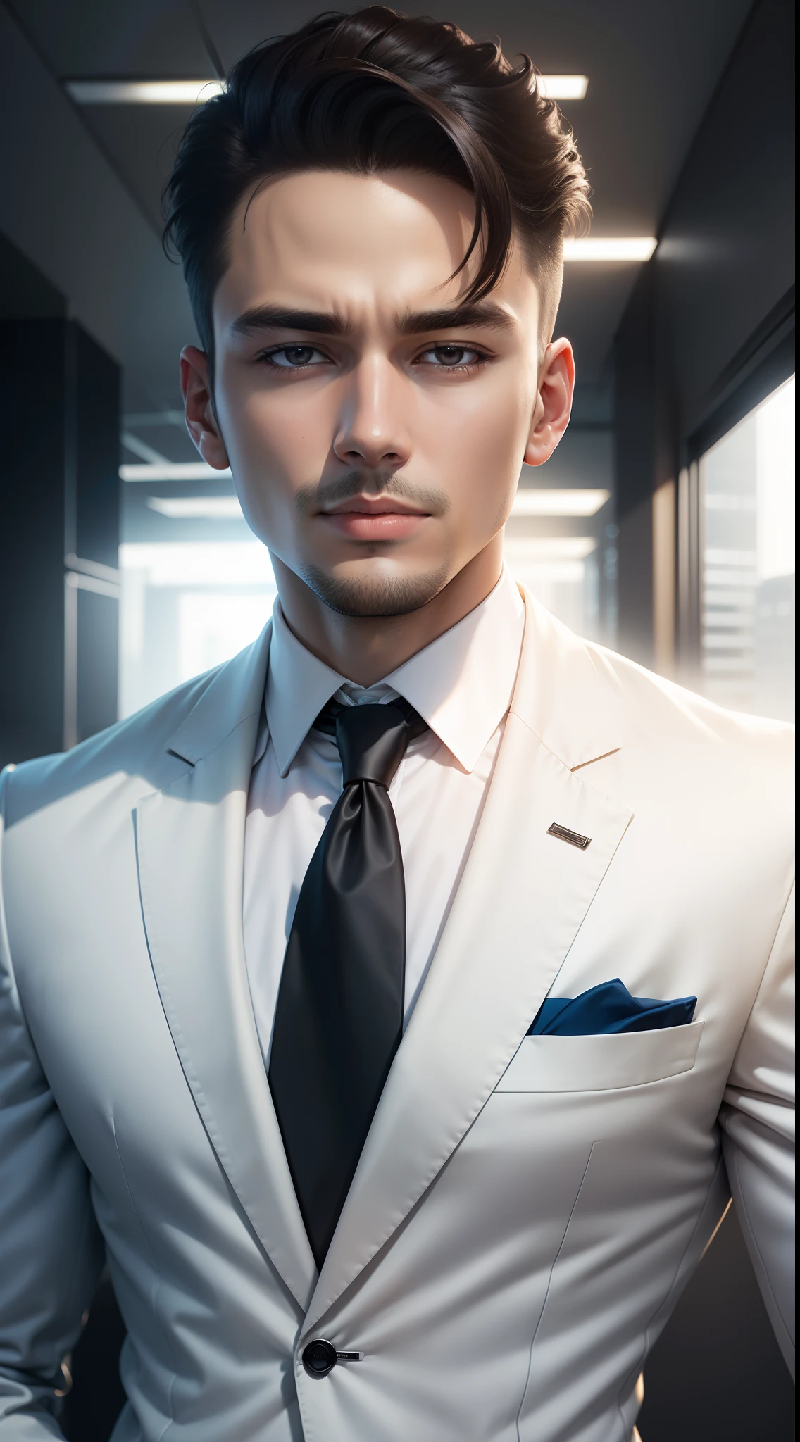 a young Business Man wearing modern white suit , change background to office , 8k quality, ultra realistic, clear picture, real human face