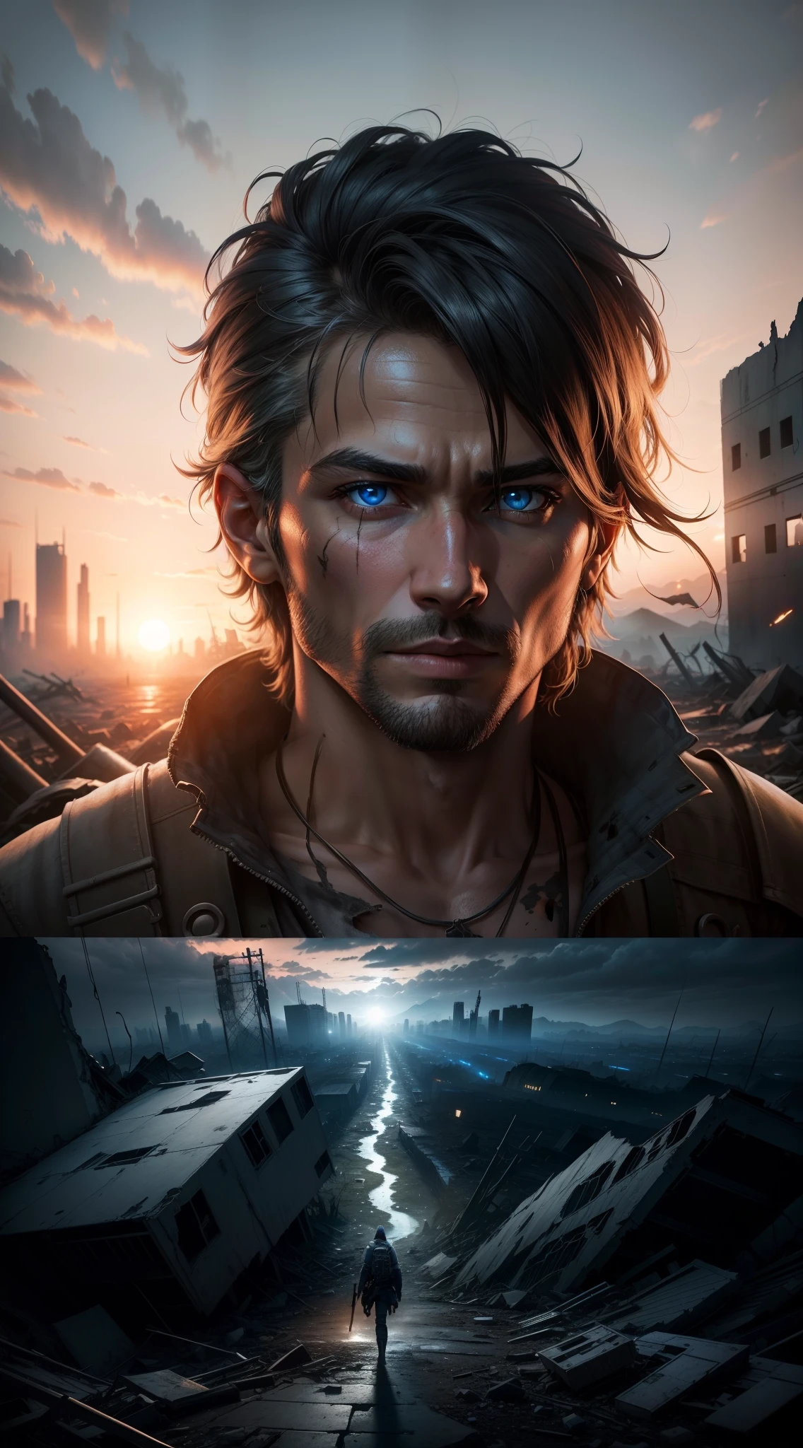 A man is a blue-eyed wolf from behind in a (((post apocalyptic))), paisagem, vale, (landscape of destruction), 8k, ((Wrecked City)), foto realista, breath-taking, sharp lens, fotografia profissional, lente 70mm, detalhe amor, boa qualidade, papel de parede, altamente detalhado, 8k, luz suave, foto realista, sharpened details, ((luz do nascer do sol)), obra-prima, (o retrato mais bonito do mundo: 1,5