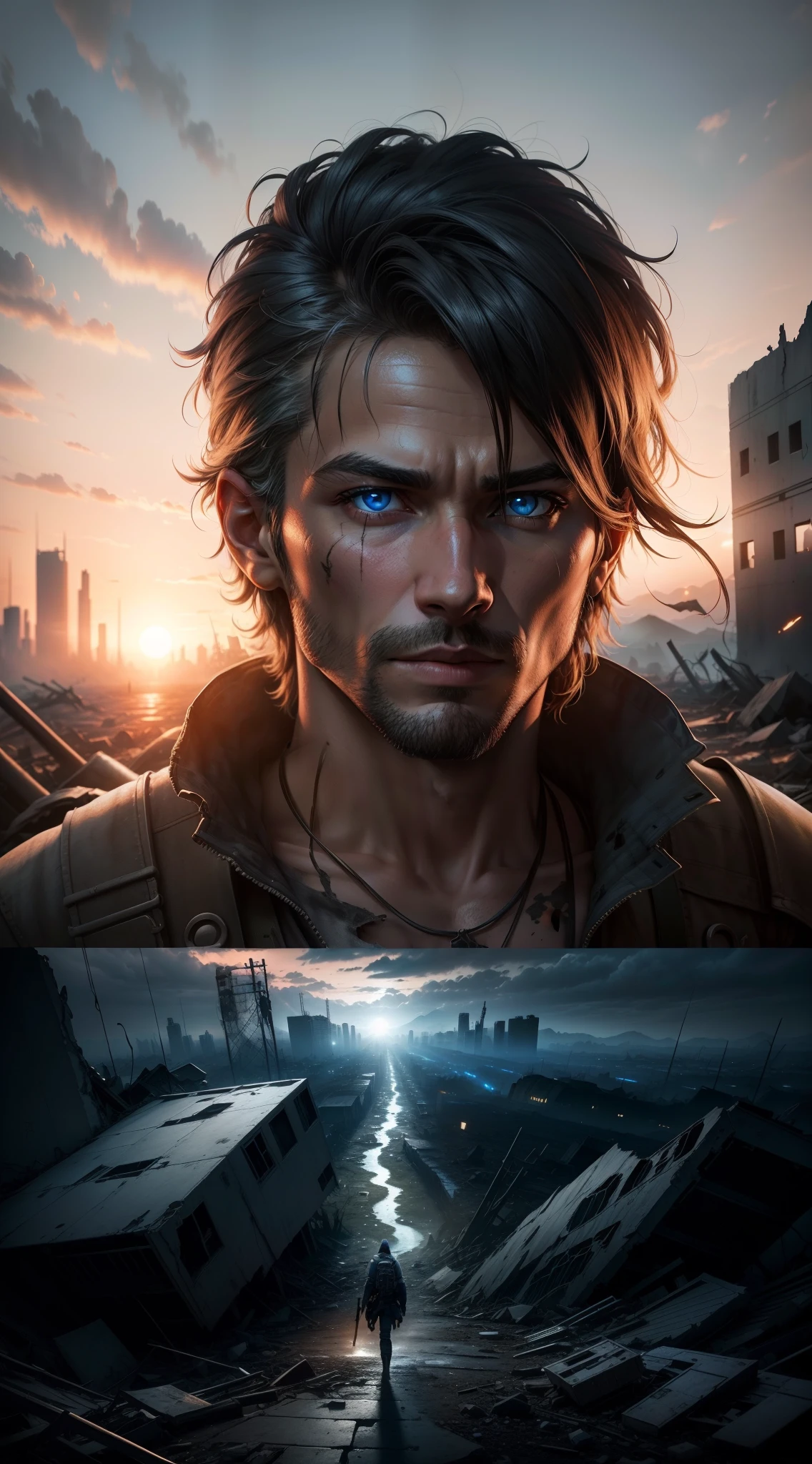 A man is a blue-eyed wolf from behind in a (((post apocalyptic))), paisagem, vale, (landscape of destruction), 8k, ((Wrecked City)), foto realista, breath-taking, sharp lens, fotografia profissional, lente 70mm, detalhe amor, boa qualidade, papel de parede, altamente detalhado, 8k, luz suave, foto realista, sharpened details, ((luz do nascer do sol)), obra-prima, (o retrato mais bonito do mundo: 1,5