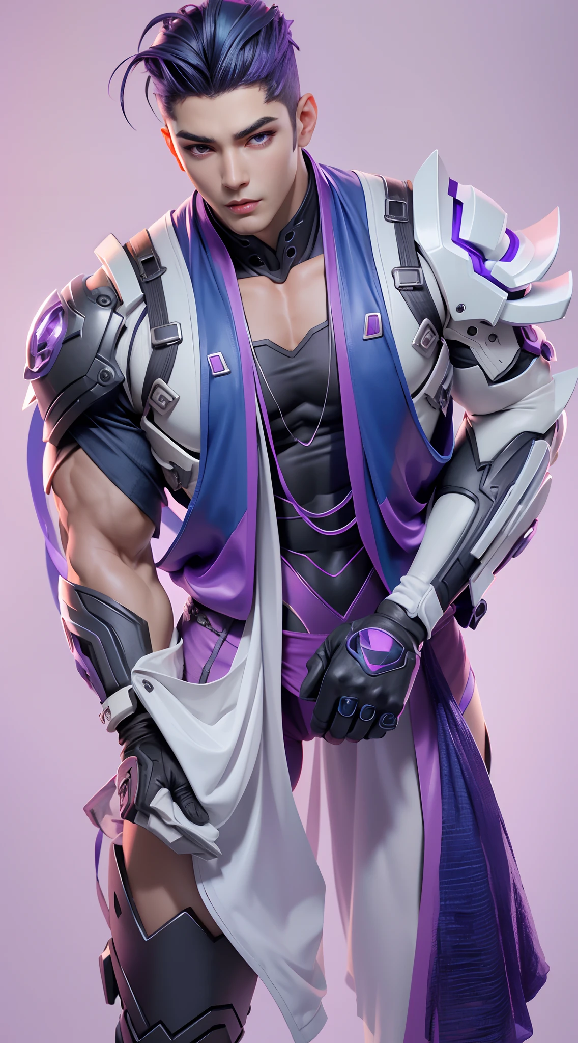 Sculpture design,Figures,GK model,(The whole body of the character),Expose muscles,(sexy for),(Exquisite base),The colors of the clothes are blue and purple,Wu Yifan,Handsome cybernetic boy looking at camera lingerie detailed muscular reality masterpiece,musculous