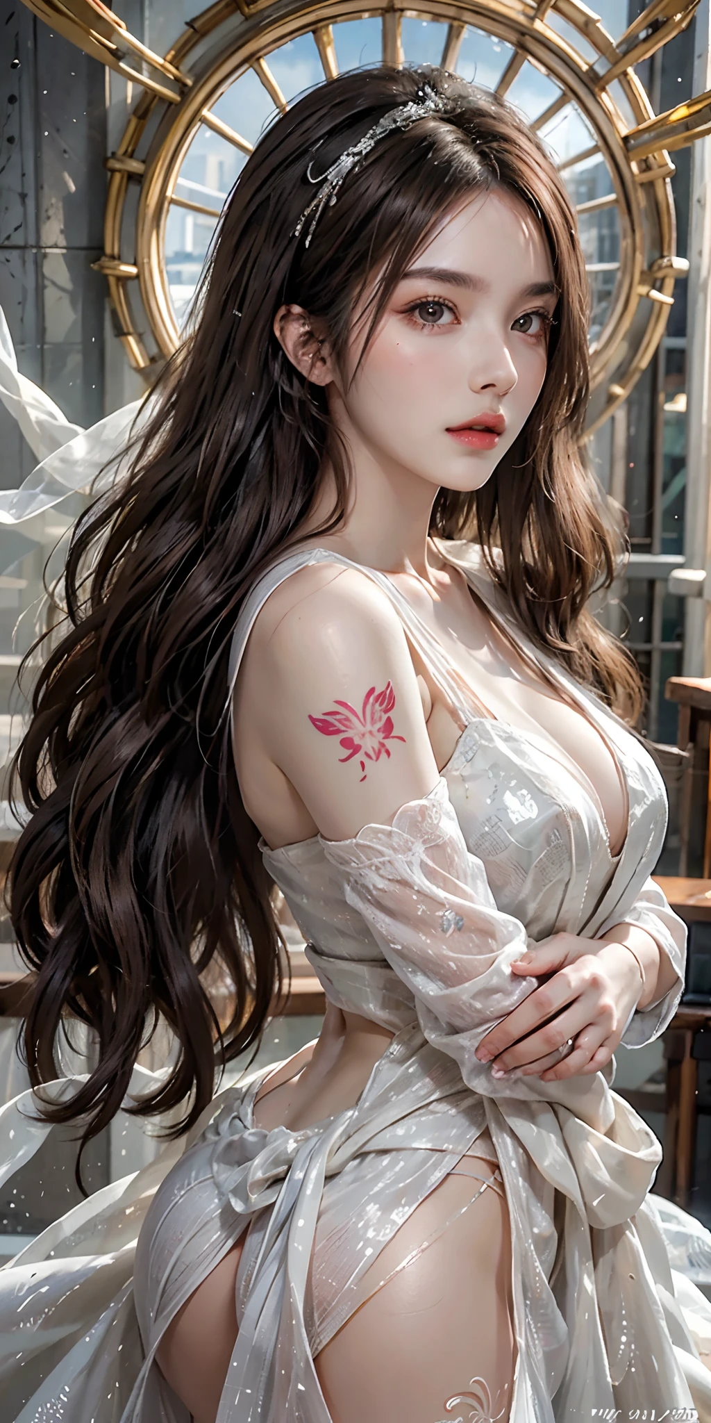 photorealistic, high resolution, soft light,1women, solo, hips up, look at viewer, (detailed face), long hair, Beautiful girl, wedding princess dress, tattoo, jewelry