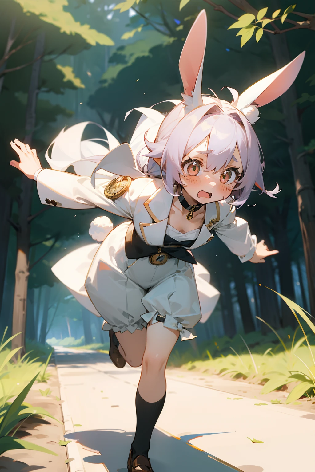 Girl in white tuxedo、Rabbit ears、Choker with pocket watch、Running Girl、Flustered figure、in woods