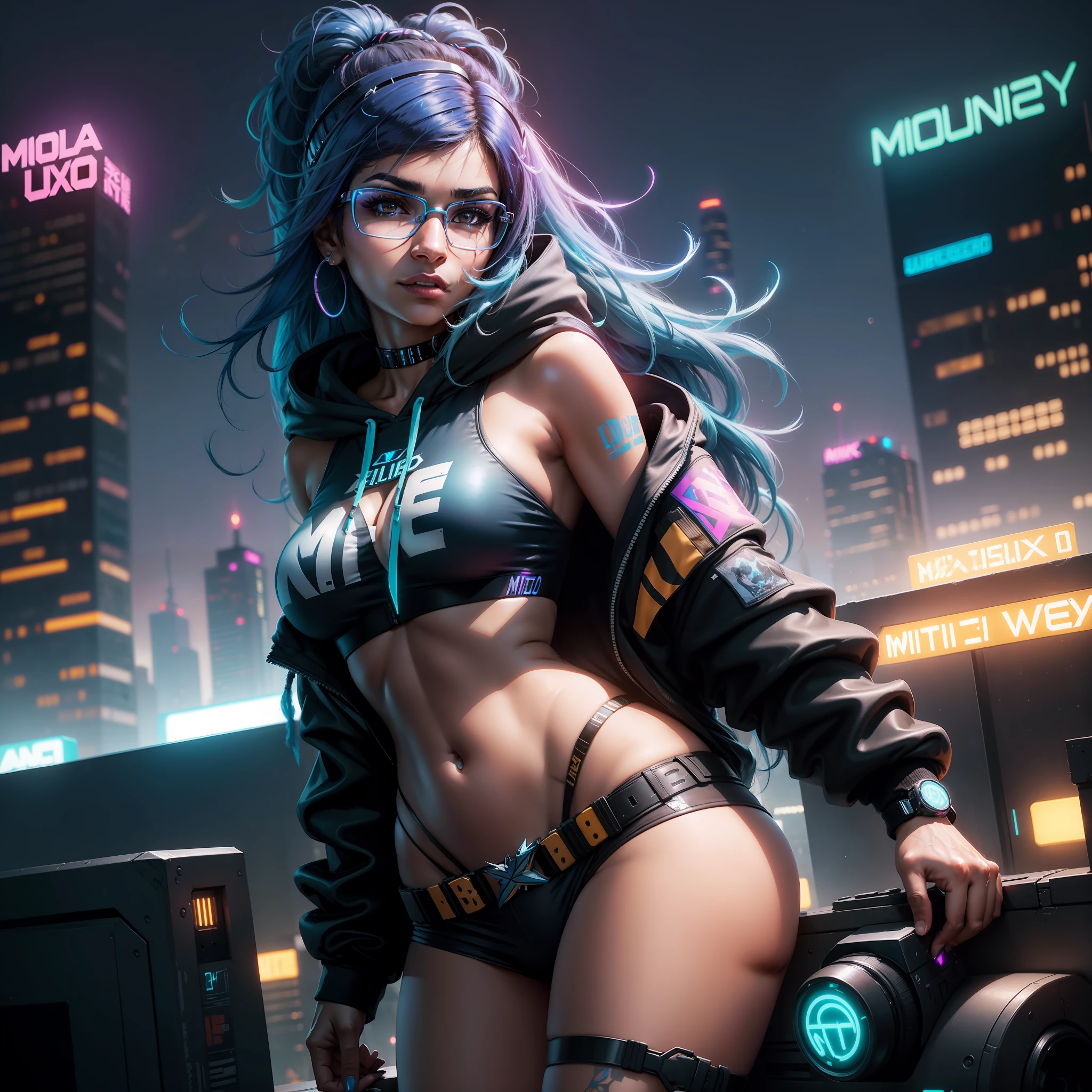(Mia khalifa), Boobs, Ultra High sexy, Cyberpunk 1girl Flying over Stunning Cityscape, Hoodie, Blue Hair, Neon Shooting Star, Very Long Hair, Off-the-Shoulders, Feather Hair Ornaments, Neon Color, Glitter, Stunning Night Sky, Cinematic Lighting, Realistic, Realistic Skins, HDR.