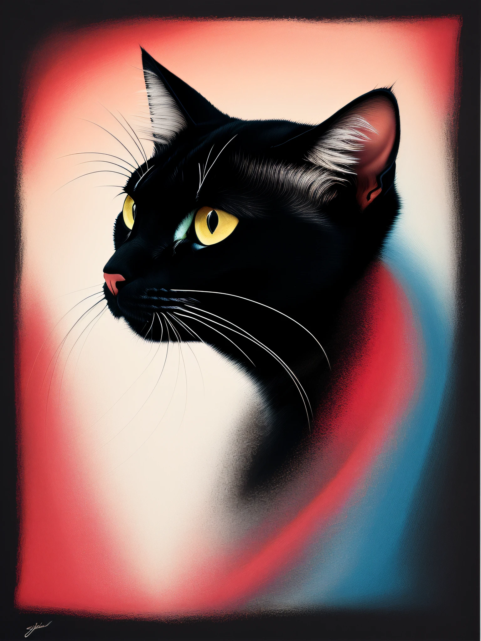 Cat in art, Main color Black, Secondary colorBlue, Pastel pink background, artistic, Sophisticated, Warm style, Shapes include abstract cats, Playful forms, Elegant piece, Textures include fur textures, Smooth paint, Texture of the fabric, The lines contain graceful lines, Natural curves, Delicate silhouette, The shape is elegant, approachable, Expressive, Aesthetic.