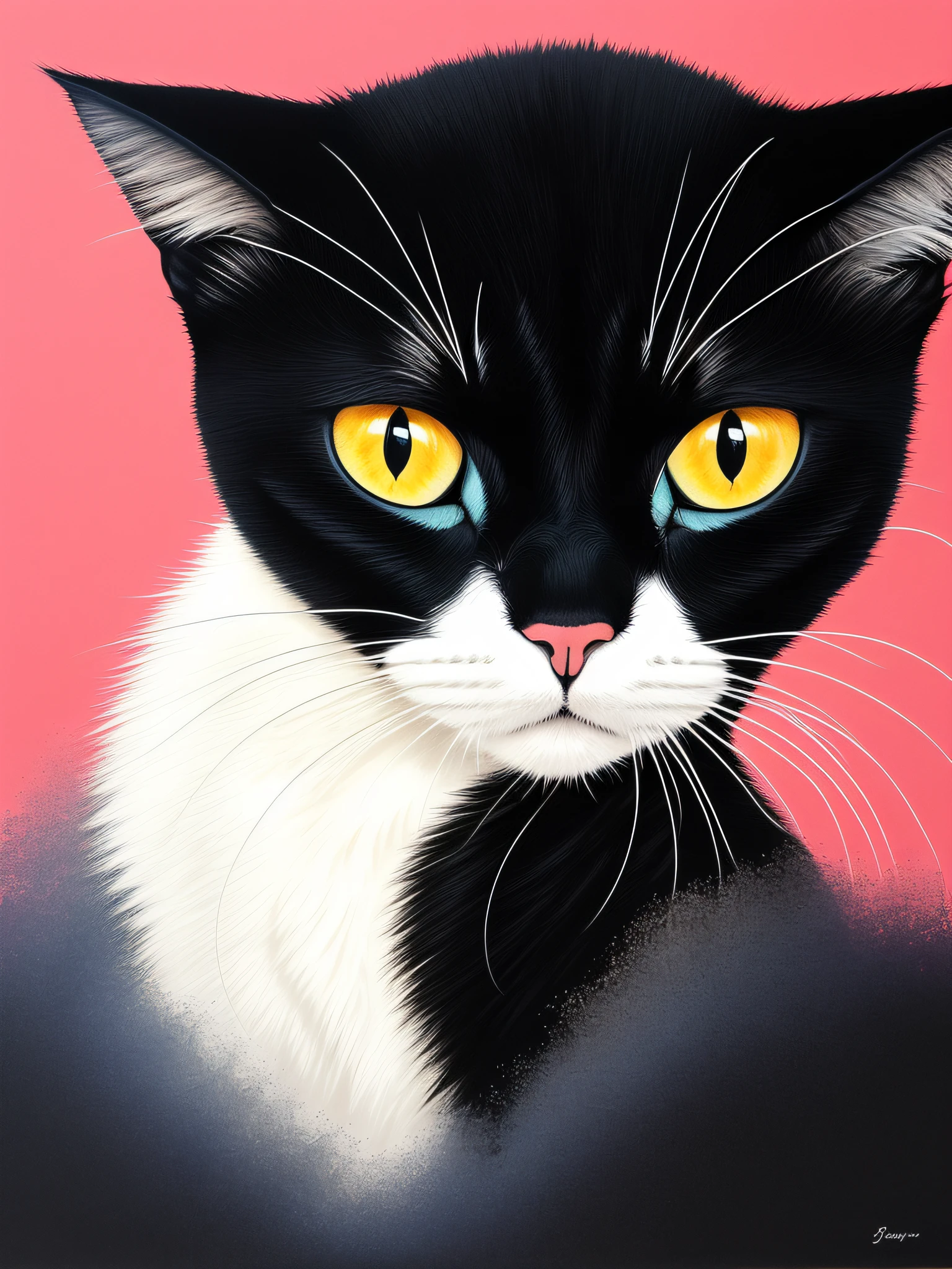 Cat in art, Main color Black, Secondary colorBlue, Pastel pink background, artistic, Sophisticated, Warm style, Shapes include abstract cats, Playful forms, Elegant piece, Textures include fur textures, Smooth paint, Texture of the fabric, The lines contain graceful lines, Natural curves, Delicate silhouette, The shape is elegant, approachable, Expressive, Aesthetic.