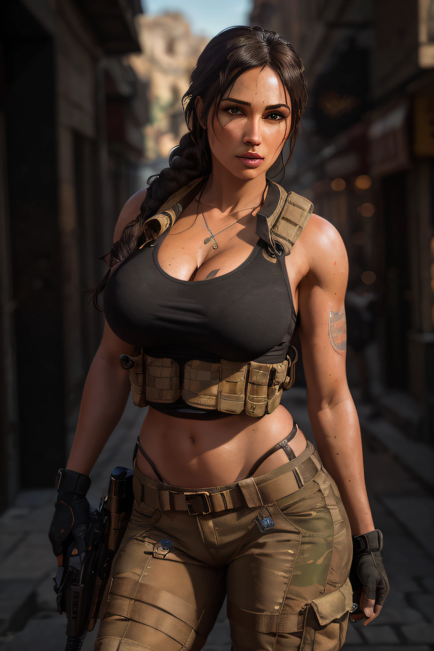 octane render, hdr, (hyperdetailed:1.3), (frontal soft light, sharp:1.2), Beautiful (Lara Croft:1) in a street, detailed face, perfect body, cinematography, maximum details, neutral colors, hdr, soft cinematic light, insane details, ((realistic filter)), (look at camera), (perfect legs), (perfect breast),random view, (regular hip), ((pull up thonga)), Tacticool, (vest:1.2), military, (cleavage)