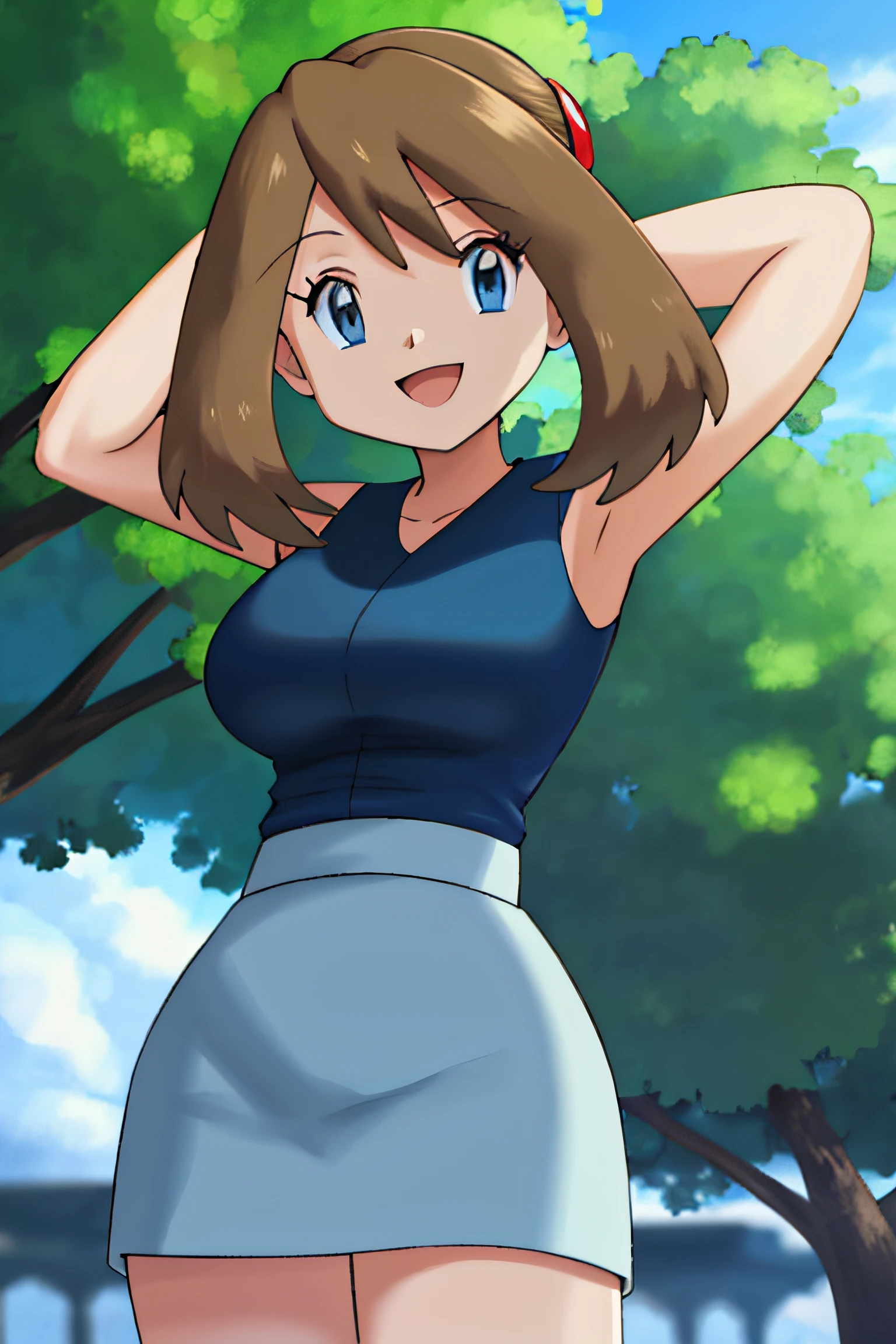 May \(Pokémon\), 1girl, solamente, mirando al espectador, sonrojarse, mini falda, huge boobs, arms behind head,  sonrisa, escote,