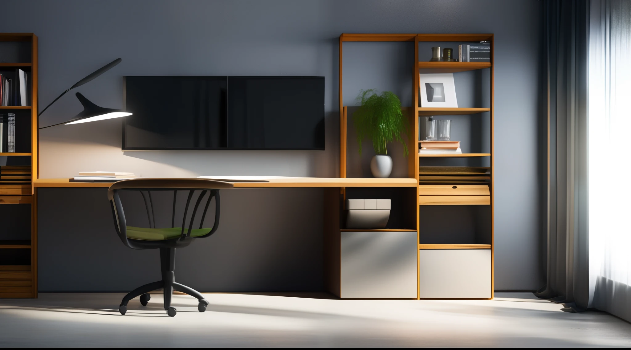 A clean interior space,study room,There is only one computer on the desk,There are bookshelves hanging on the wall,There is a trash can on the ground,Gray walls and floors,Concrete style,a 3D render、cozy indoor lighting、artstation、ultra - detailed、cinematic ligh、daz、hyper realisitc、A realistic study,8k,Hyper-realistic