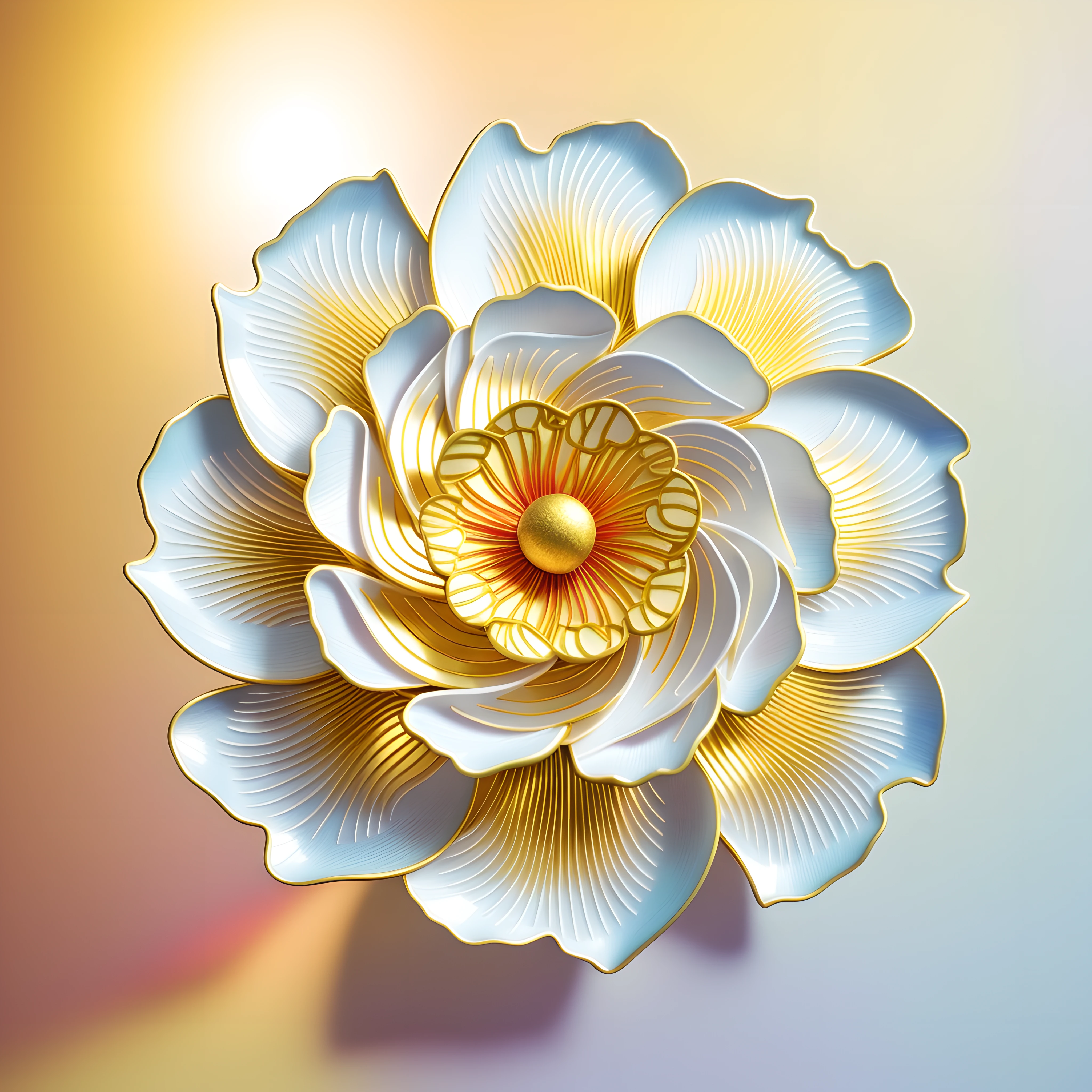tmasterpiece,high qulity,Glazed texture,Cloisonné craftsmanship,Monochrome cloisonné enamel craft,Golden edge,Pearl stamens,((Three-dimensional shape in the center)),Peony flower crafts,Ultra-detailed light and shadow,rich details