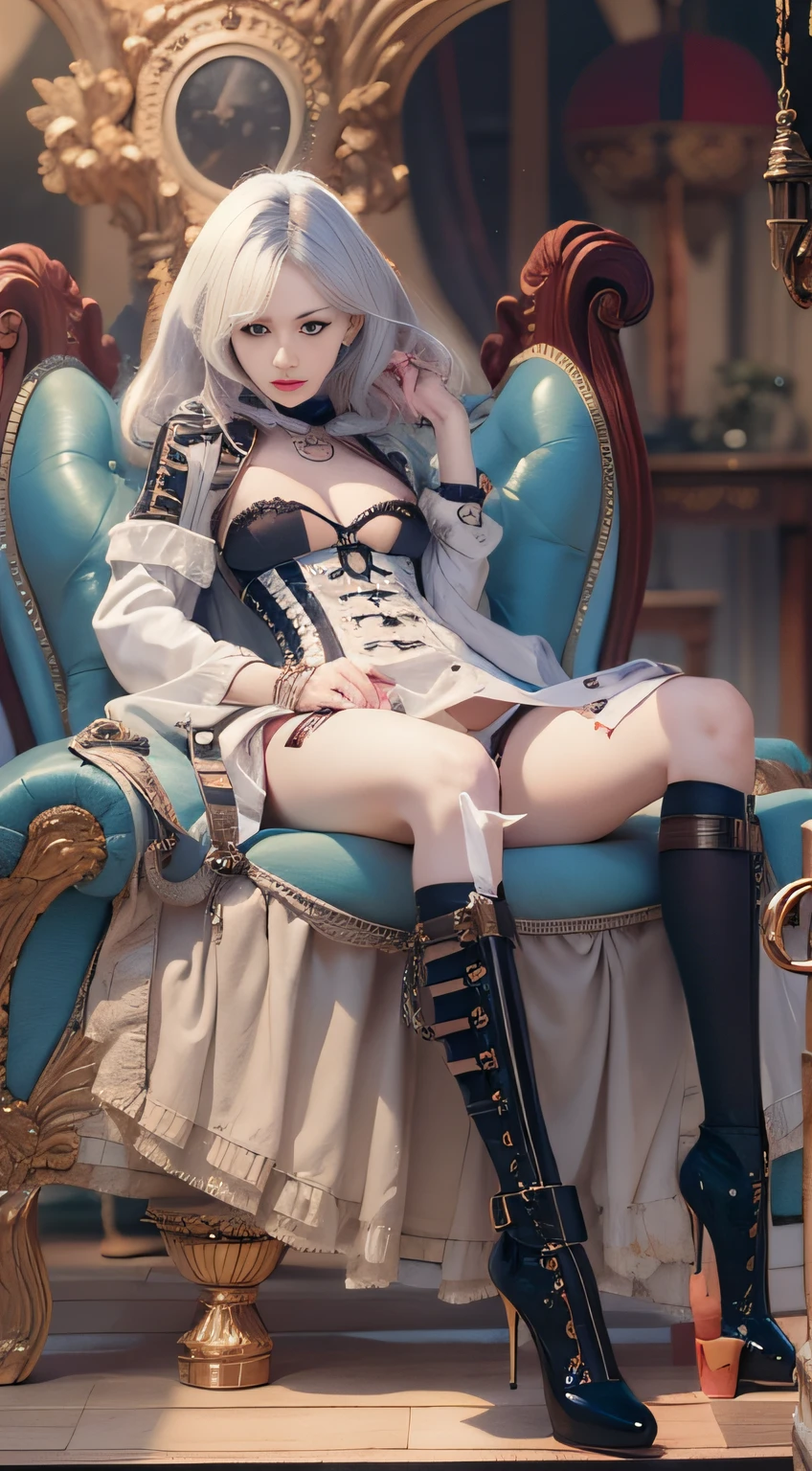NSFW, masutepiece, 4K, Award-winning, Very classy, Extremely beautiful, Extremely beautiful woman, Very narrow eyes and face, wearing corset, black garter belt and stockings, (((Very small breasts: 1. 2))), Woman sitting on sofa with chain around waist, 2b, 2 b, Beautiful steampunk anime woman,. G-Wise at Pixiv Art Station, Gwise on Art Station Pixiv, guweiz, By Jan J, Artwork in the style of Gwise, Gwise's masterpiece, rococo cyberpunk , very tight corset, very sexy costume, Very delicate face and skin texture, Delicate eyeliner double eyelids, long eyelashes, Nice double eyelids, Very fine eyeshadow, Narrow eyes, three white, Dark Eye Makeup, evil smile, Pretty, nice legs, Tie short hair back, very sexy costume, Sticky tongue, Vaginal promiscuity, Vaginal discharge, Squirting, Photo 4 Kodak Portra 400 camera and f1.6 6-color lens, ultra realistic textures, Dramatic LightingUnreal Engine Art Station CineStar 800 Trendy Tungsten Light, heels, Stockings