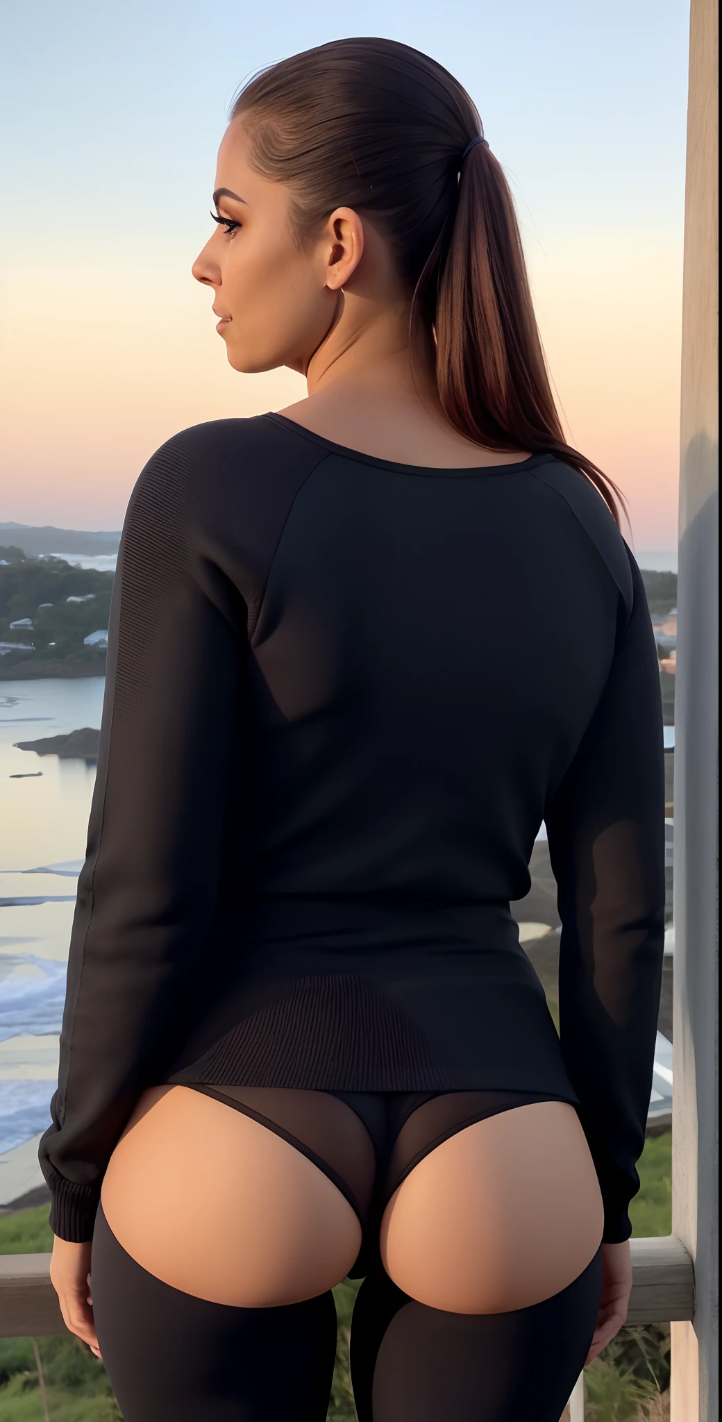 the back view of a beautiful woman and (((defined buttocks))) usando uma mochila preta, mochila, com uma mochila, uma mochila, uma mulher usando uma mochila, a mulher tem uma mochila, 3/4 vista frontal, F / 2 0, com dois bolsos frontais, ao nascer do sol, ao entardecer!, rear facing, F/9, ao entardecer, um preto, postapo, F / 3 2