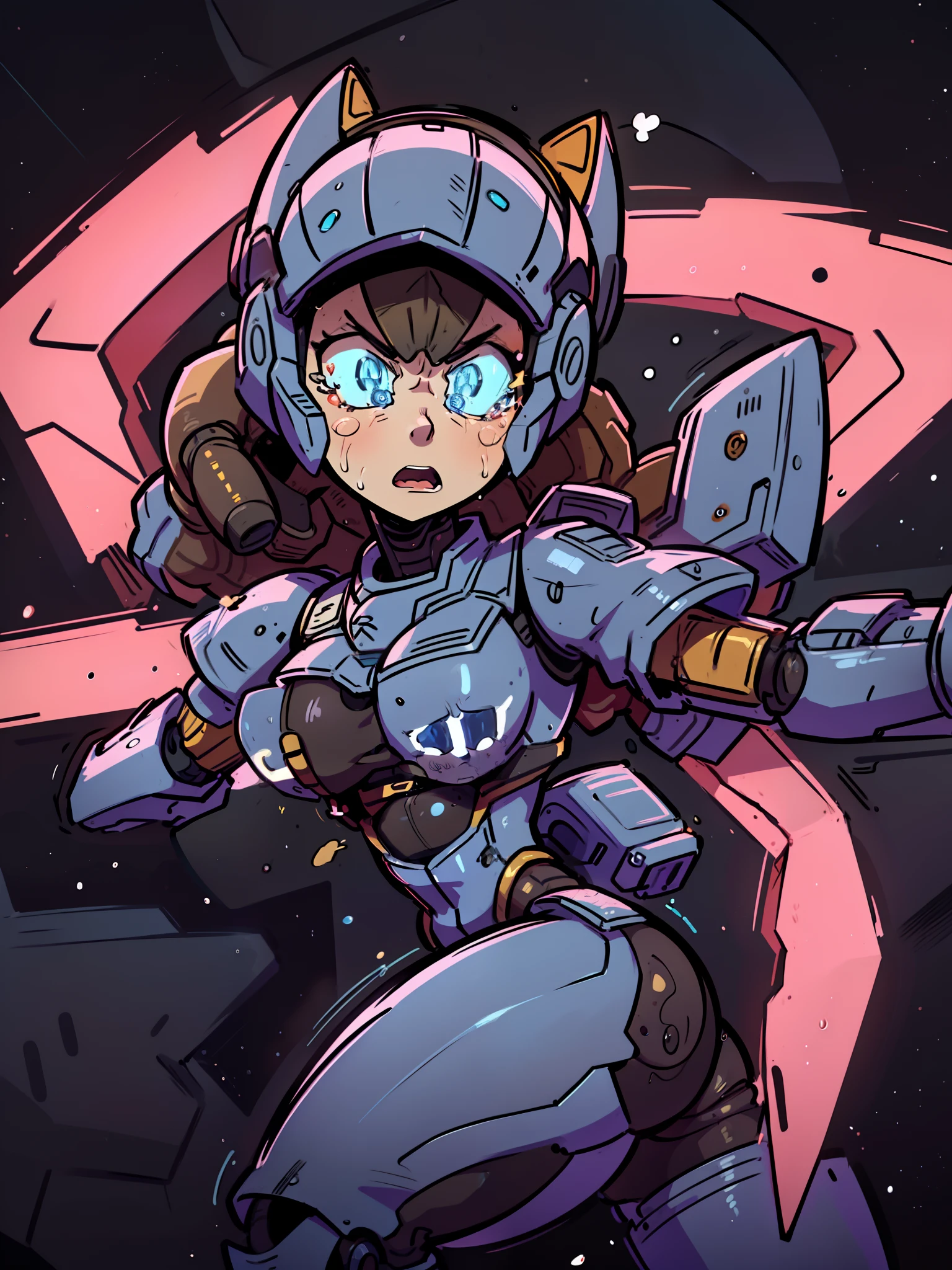 (NSFW:0.9), a cartoon anime style, toonish, (female figure robot, butt, boobs, pretty, beautiful, sexy) Generate a female mecha space ranger soldier character with a strong and heroic appearance, (futuristic armor suit:1.5), (emotional expression:2). Use a simple color scheme for the metallic for her armor suit. Emphasize the dynamic pose and the presence of stars and galaxies in the background to enhance the sense of space adventure.