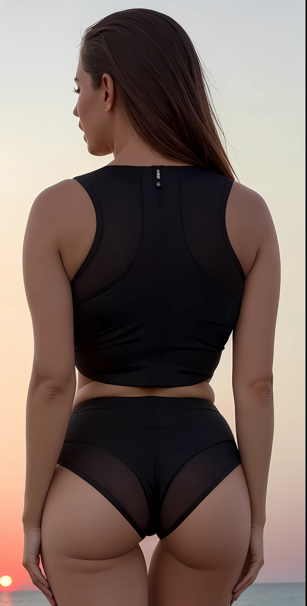 the back view of a beautiful woman and (((defined buttocks))) usando uma mochila preta, mochila, com uma mochila, uma mochila, uma mulher usando uma mochila, a mulher tem uma mochila, 3/4 vista frontal, F / 2 0, com dois bolsos frontais, ao nascer do sol, ao entardecer!, rear facing, F/9, ao entardecer, um preto, postapo, F / 3 2
