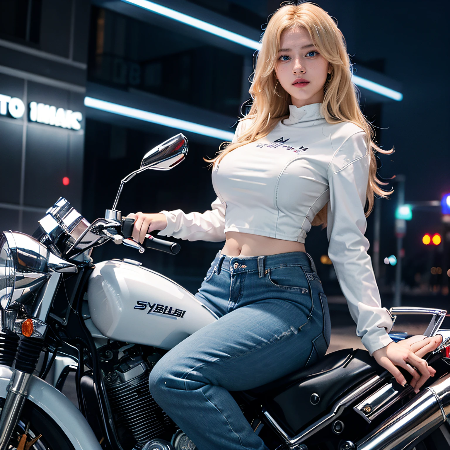 1girl, (Blue Eyes), sonrisa sexy, ((Sana Minatozaki)), wide hips, big breasts, big butt, (Best Quality, 8k, Masterpiece: 1.3)), Clear Focus: 1.2, Perfect Body Beauty: 1.4 , Slim abs: 1.2, wet body: 1.5, highly detailed face and skin texture, detailed eyes, double eyelids, long blonde hair, (white long-sleeved shirt with black motorcycle jacket), (jeans pants), (riding a motorcycle :1.4), in a snowy city at night
