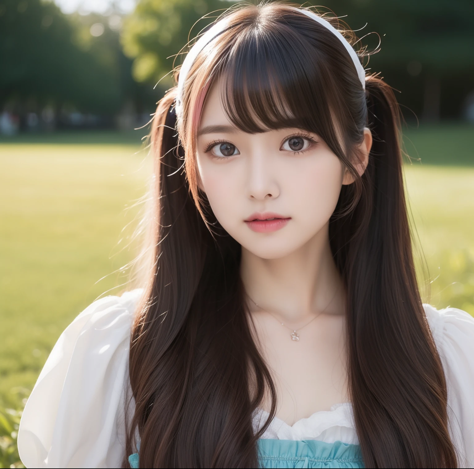 a close up of a person with long hair wearing a dress, Cute Girl Visual, pink twintail hair and cyan eyes, Good Style, Shirabii, Girl in maid costume,length hair, Raw photo、high-level image quality、A hyper-realistic、top-quality、realisitic、realisitic、ighly detailed、extremely delicate and beautiful、Raw photography、profetional lighting、lighting on the face、depth of fields、Single focal length、full body Esbian、a 20 yo woman、small head、beautidful eyes、True Face、authentic skin、Lifelike face、real looking skin、A detailed eye、detaileds、adultlike face