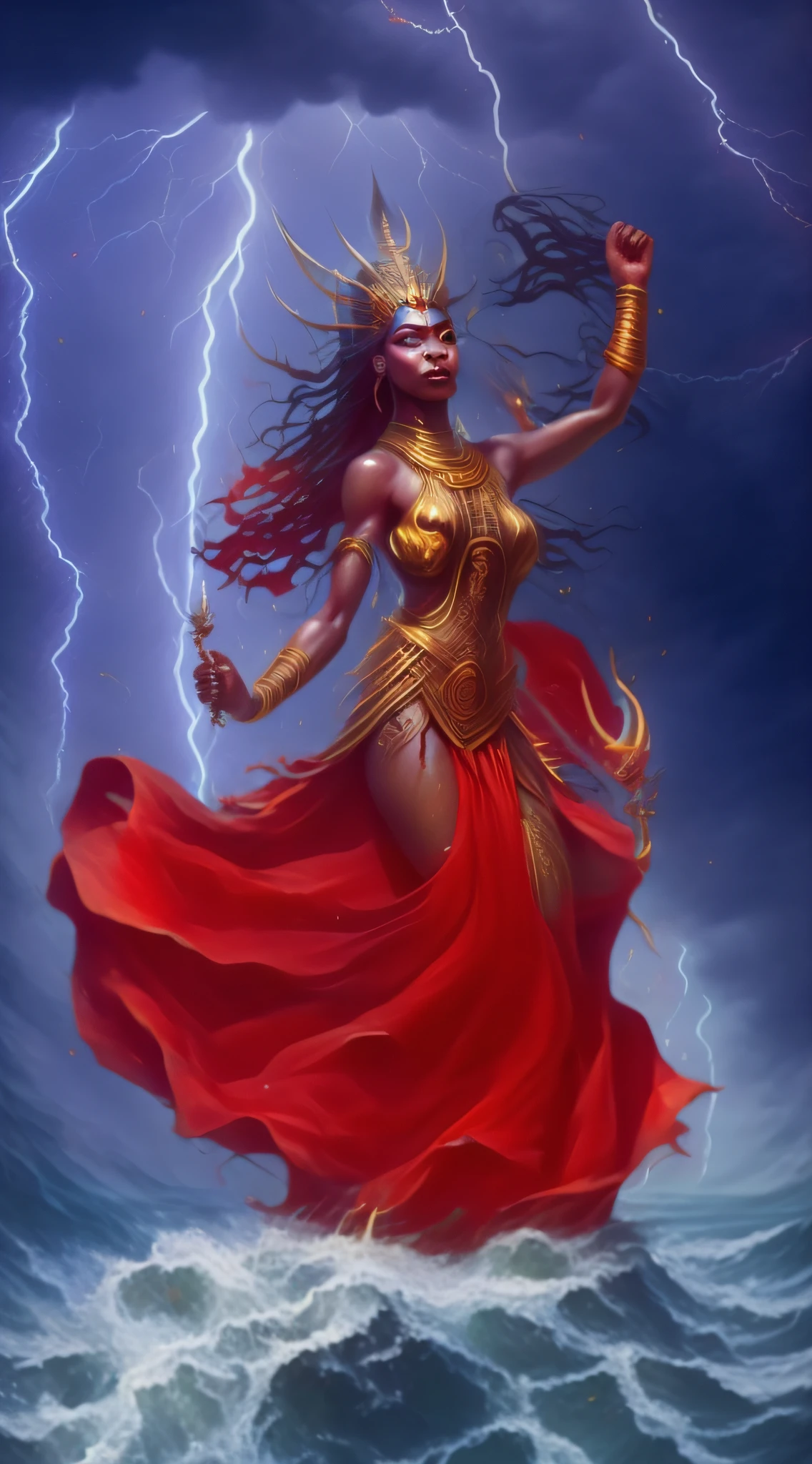 um close up de uma mulher em um vestido vermelho em um barco, goddess of lightning, storm egyptian god, japanese lightning goddess, rio, godess do mal, Hindu god, Indian Goddess of Wealth, epic 3 d yemaya, aparece como a deusa do fogo, pele escura deusa feminina do amor, Guerreiro Apsaras, lord of change, deus indiano