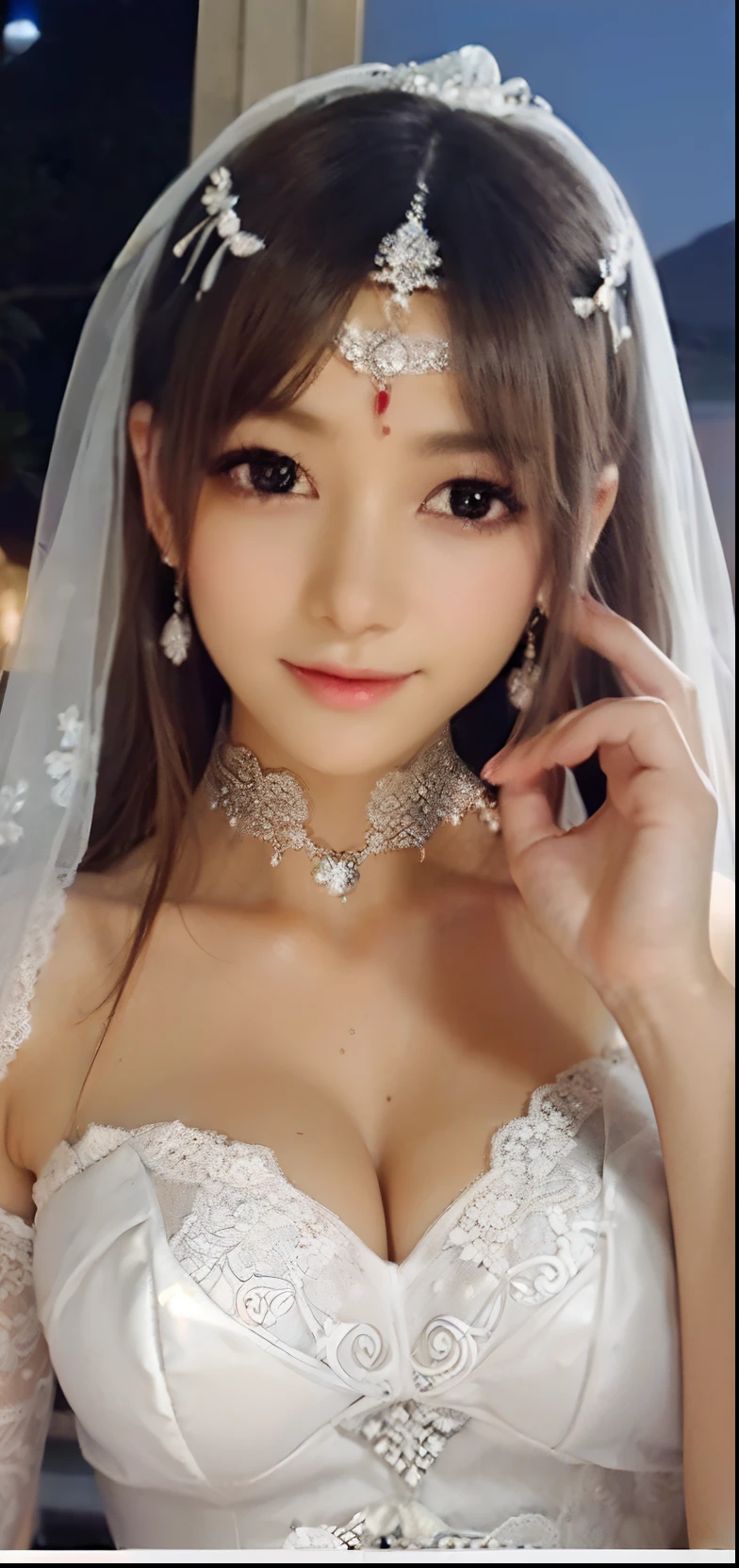 Beautiful bride,Wearing a very beautiful bridal dress，huge tit， Bust photo, (Bandeau wedding dress：1.5），（White transparent lace dress：1.4）,（Strapless wedding dress：1.5）,dress
， Head flower，headdress，necklace，earring，Neck ornaments,Bouquet，mitts，(Bridal veil:1.2）, (Forehead ornaments:1.3)，(Transparent veil:1.2) ，short length bangs ，Smile，eye shadows，lipstick，Pink blush，High detail RAW color art，deep in the night，In the middle of the water，rays of moonlight，On the lake