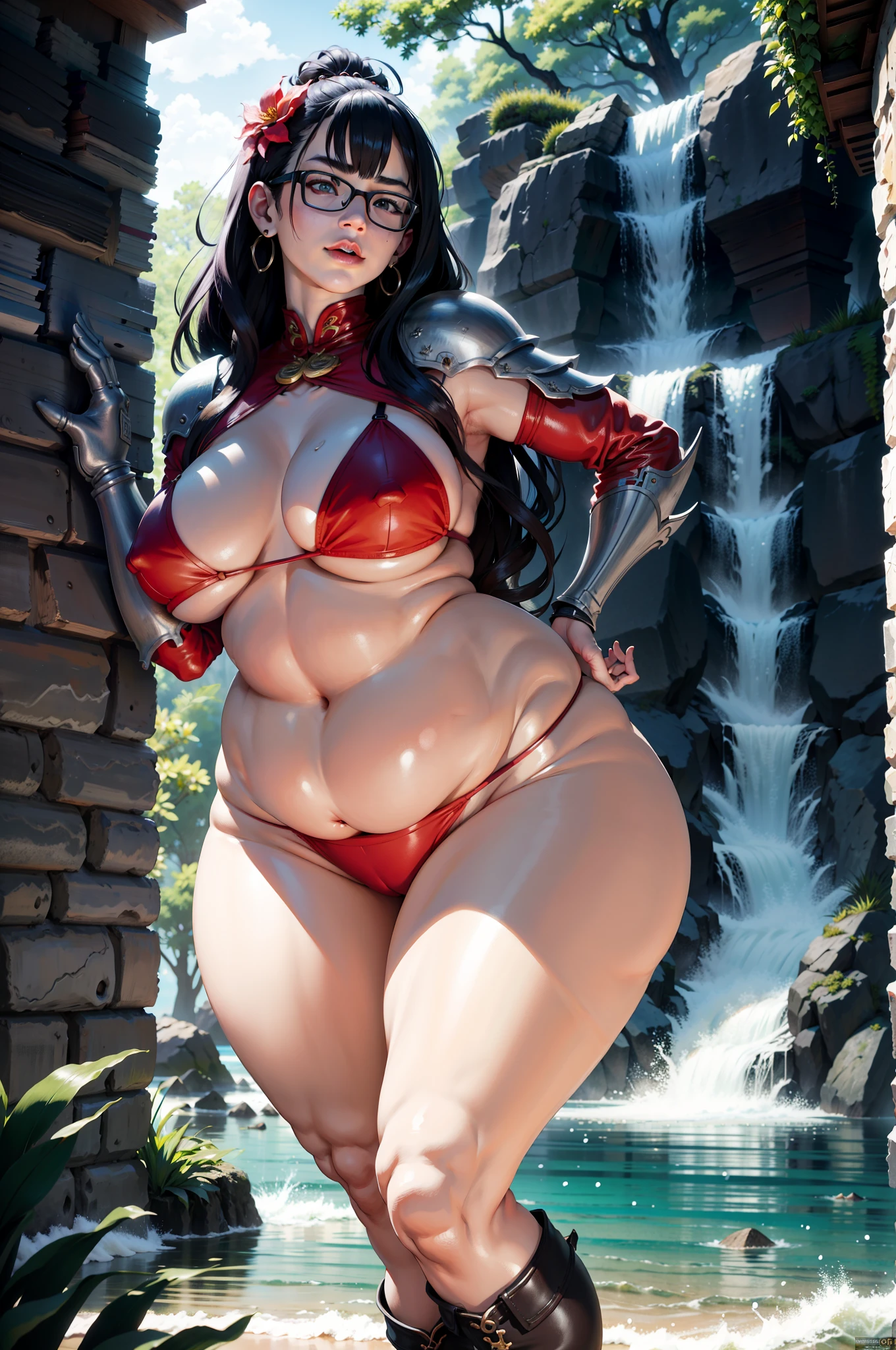 Breasts are larger than the torso,,Crazy swollen breasts,otherworld background,Wearing bikini armor,Koreainsta Goddess,Realistic fantasy rendering,photorealistic anime girl rendering,Faraway view,(full-body portraits:1.4),(:1.4),(Exaggerated body proportions),(Nine-headed body),long wavy dark hair,Wearing delicate earrings,omao,pubes,chest exposed from armor,a plump buttocks,slender leg,Thick thighs,(wearing red cheongsam), (wearing short leather boots), camel-toe, Lift,uni,waterfallr,water bloom, rendering by octane, (Unbeatable masterpiece, ultra realistic 8k cg, dramatics, Ray traching, hdr:1.2), (best qualtiy), fanciful, atmospurate, extremely detaile, iintricate, Hyper-detailing, glaring lights, (mirror lighting: 1.4), (photorealiscic face: 1.2), (dent in the skin: 1.3), (1 rapariga: 1.4)