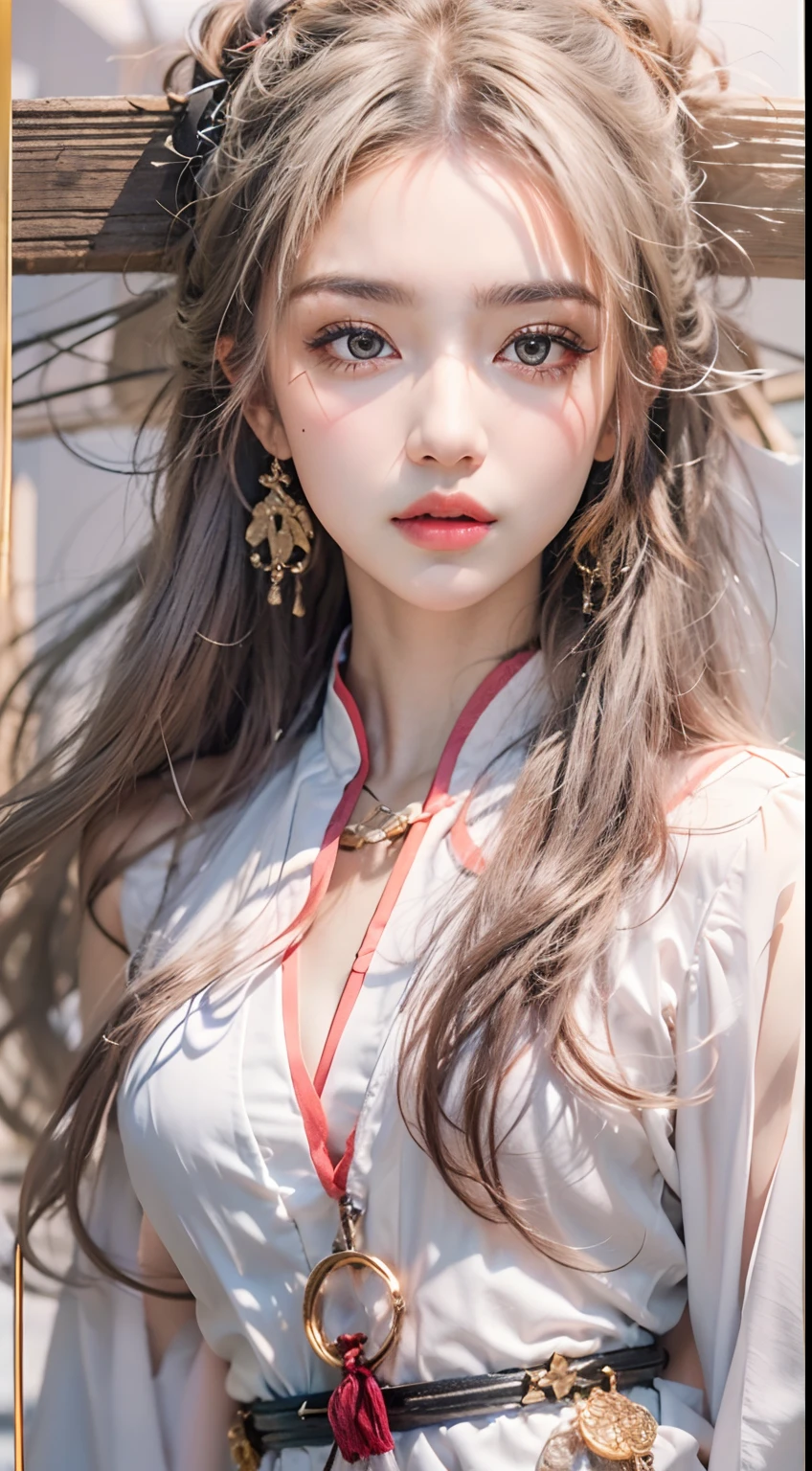 ((Masterpiece)), ((High detail)), photography of，real photograph，1girll,  ((Ultra-detailed)),((Delicate face)),  Beautiful detailed eyes, (Black blonde gradient，high light,Gradient hair),Long hair, Floating hair,  ,hairs between eyes, GSHead,1girll ,Solo,The eye,Genshin_impact,Look at the viewer,  ((full_Body,Distant view)), ((White background)), (Tarot border, outside border), Foot wide-angle shooting, Strong light and shadow, Cinema lenses，tmasterpiece，Super quality，A girl with long hair， A desert，on cheongsam，18yr old，Big eyes，Long hair coiled，Sunset afterglow，entire character，cropped shoulders，show legs，Snow-white thighs，Long legs，8K，Ultra-clear resolution，Ultra-fine painting，Flat desert，Distant horizon，