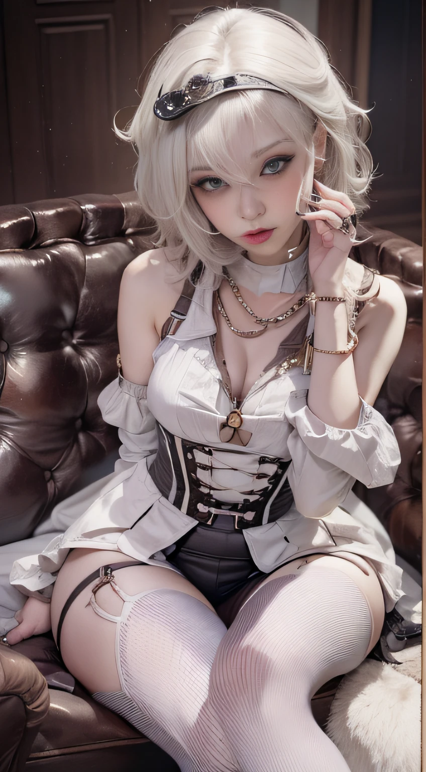 NSFW, masutepiece, 4K, Award-winning, Very classy, Extremely beautiful, Extremely beautiful woman, Very narrow eyes and face, wearing corset, black garter belt and stockings, (((Very small breasts: 1. 2))), Woman sitting on sofa with chain around waist, 2b, 2 b, Beautiful steampunk anime woman,. G-Wise at Pixiv Art Station, Gwise on Art Station Pixiv, guweiz, By Jan J, Artwork in the style of Gwise, Gwise's masterpiece, rococo cyberpunk , very tight corset, very sexy costume, Very delicate face and skin texture, Delicate eyeliner double eyelids, long eyelashes, Nice double eyelids, Very fine eyeshadow, Narrow eyes, three white, Dark Eye Makeup, evil smile, Pretty, nice legs, Tie short hair back, very sexy costume, Sticky tongue, Vaginal promiscuity, Vaginal discharge, Squirting, Photo 4 Kodak Portra 400 camera and f1.6 6-color lens, ultra realistic textures, Dramatic LightingUnreal Engine Art Station CineStar 800 Trendy Tungsten Light, heels, Stockings