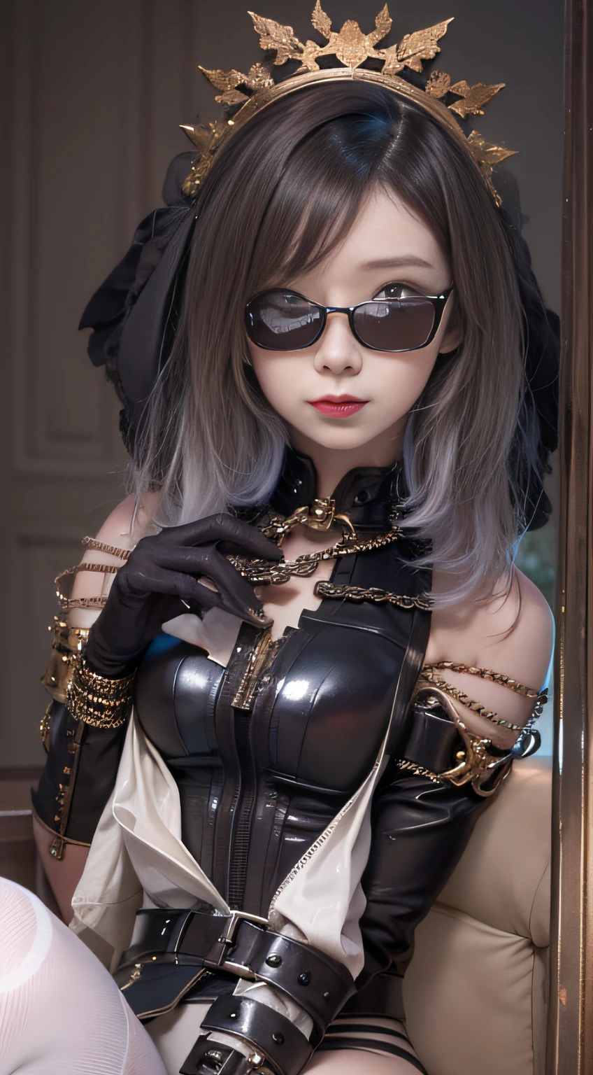 NSFW, masutepiece, 4K, Award-winning, Very classy, Extremely beautiful, Extremely beautiful woman, Very narrow eyes and face, wearing corset, black garter belt and stockings, (((Very small breasts: 1. 2))), Woman sitting on sofa with chain around waist, 2b, 2 b, Beautiful steampunk anime woman,. G-Wise at Pixiv Art Station, Gwise on Art Station Pixiv, guweiz, By Jan J, Artwork in the style of Gwise, Gwise's masterpiece, rococo cyberpunk , very tight corset, very sexy costume, Very delicate face and skin texture, Delicate eyeliner double eyelids, long eyelashes, Nice double eyelids, Very fine eyeshadow, Narrow eyes, three white, Dark Eye Makeup, evil smile, Pretty, nice legs, Tie short hair back, very sexy costume, Sticky tongue, Vaginal promiscuity, Vaginal discharge, Squirting, Photo 4 Kodak Portra 400 camera and f1.6 6-color lens, ultra realistic textures, Dramatic LightingUnreal Engine Art Station CineStar 800 Trendy Tungsten Light, heels, Stockings