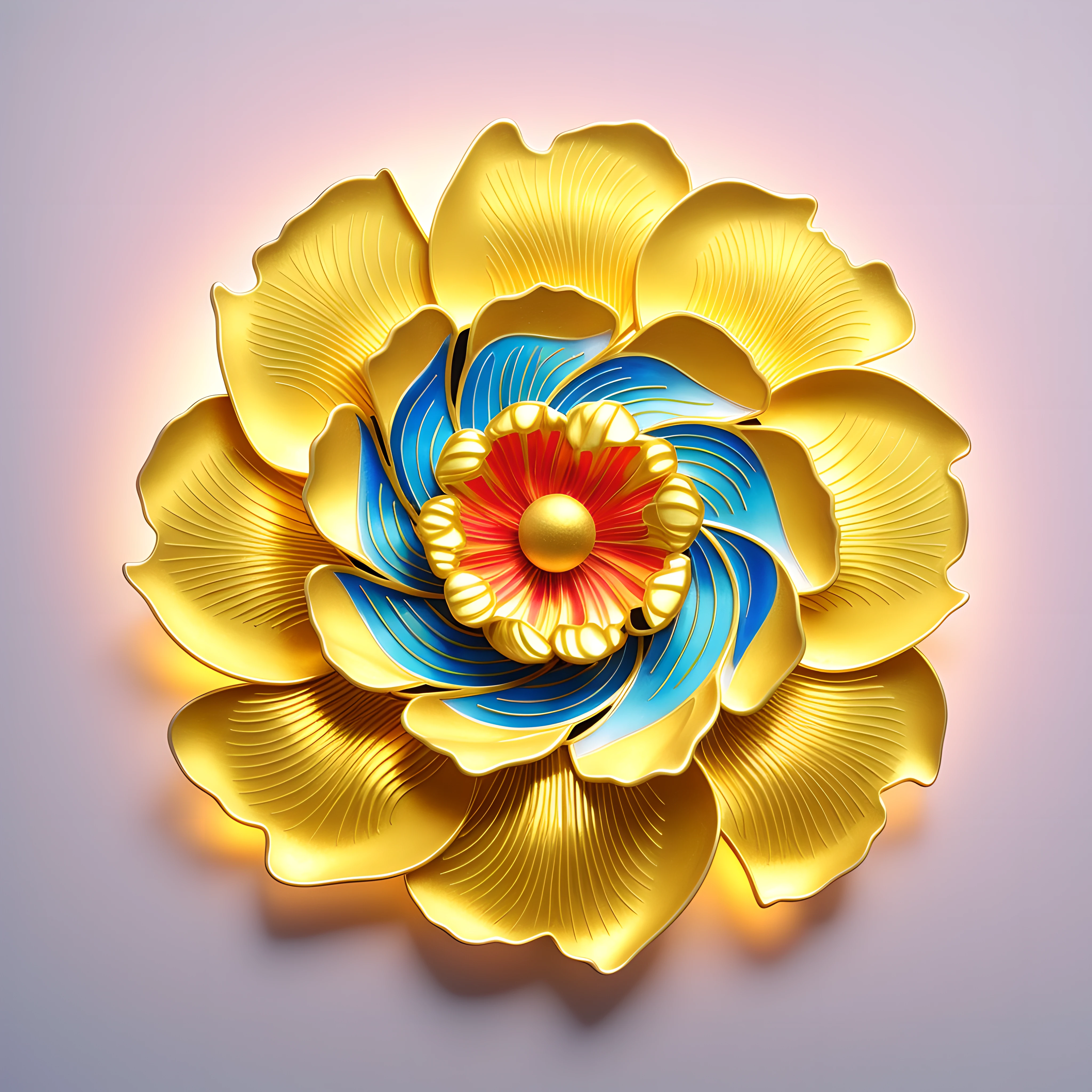 tmasterpiece,high qulity,Glazed texture,Cloisonné craftsmanship,Monochrome cloisonné enamel craft,Golden edge,Pearl stamens,((Three-dimensional shape in the center)),Peony flower crafts,Ultra-detailed light and shadow,rich details